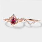 Rose Gold Lab Ruby Leaf Engagement Ring Set