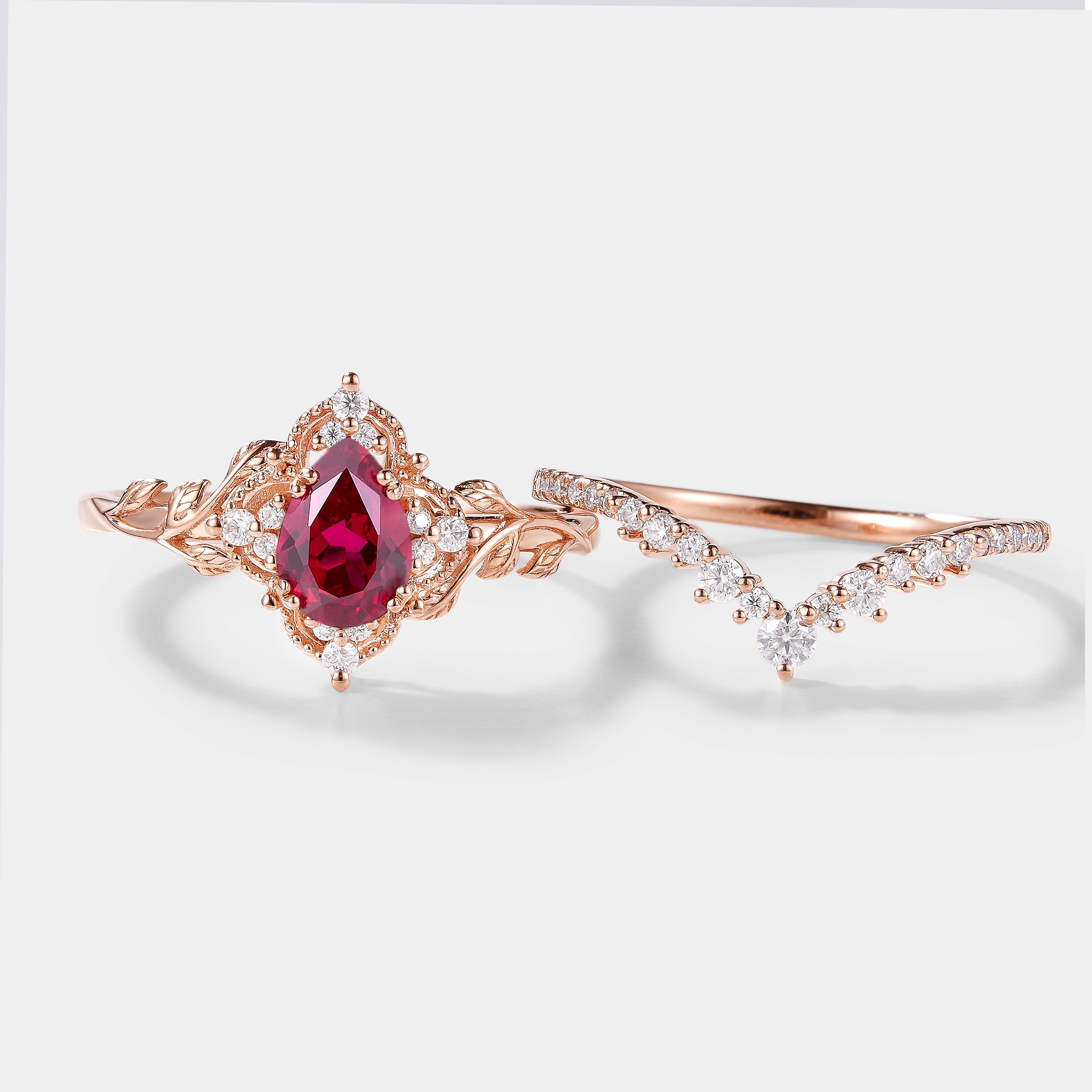 Lab Ruby Nature Inspired Leaf Engagement Ring Set Curved Wedding Band 2pcs In Rose Gold