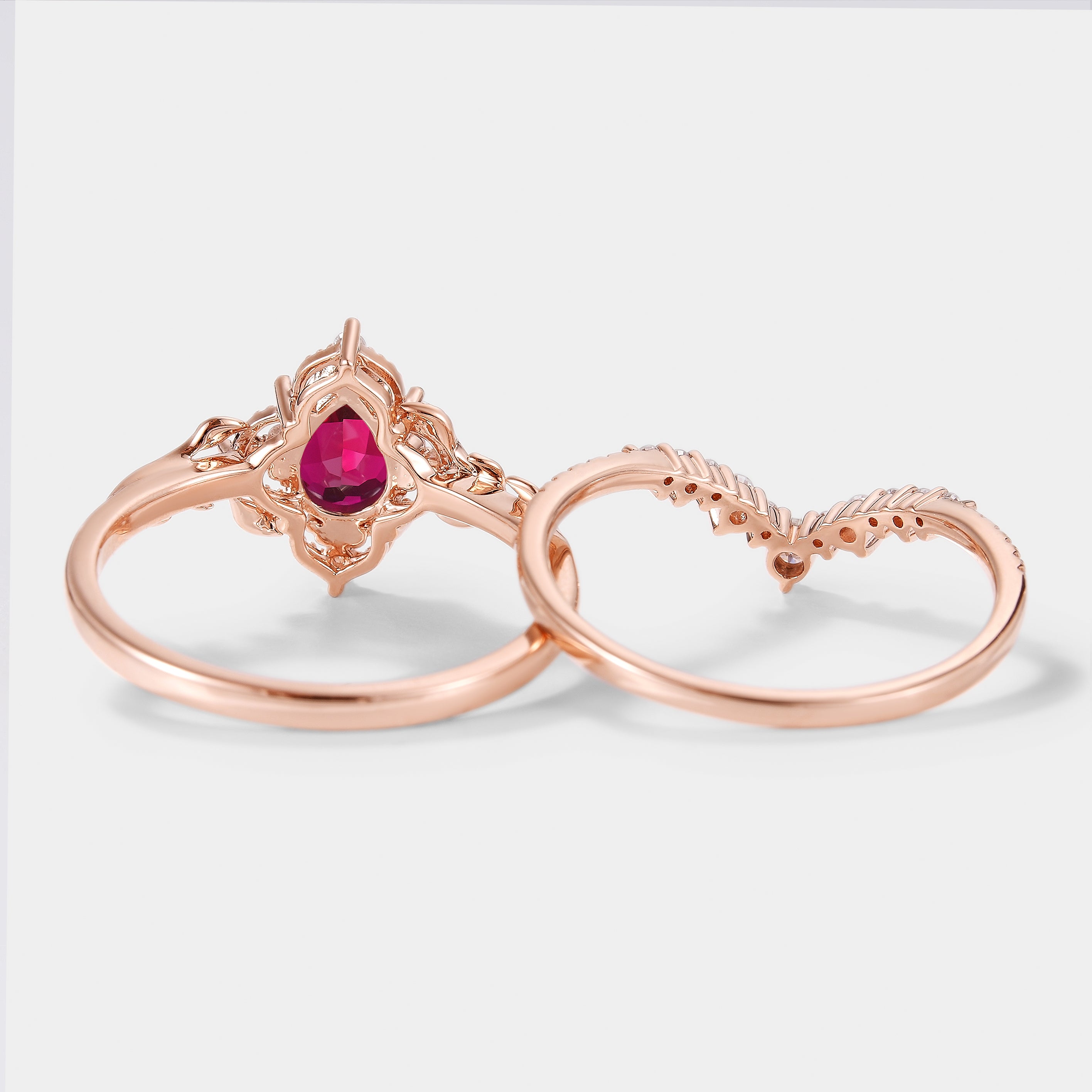 Lab Ruby Nature Inspired Leaf Engagement Ring Set Curved Wedding Band 2pcs In Rose Gold