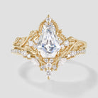 Gold leaf engagement ring with coffin cut moissanite bridal set
