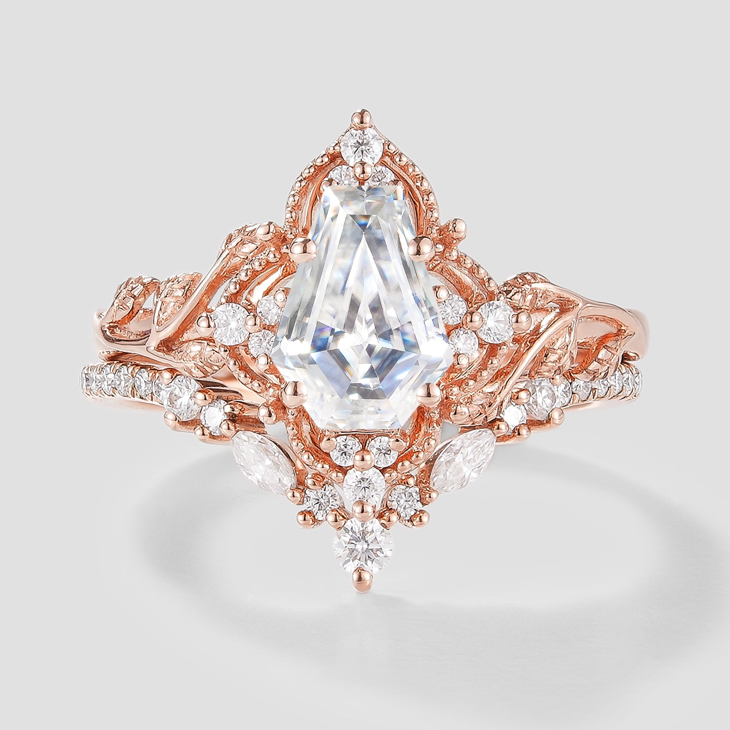 Unique Coffin Cut Moissanite Engagement Ring Leaf Bridal Set 2pcs In Rose Gold