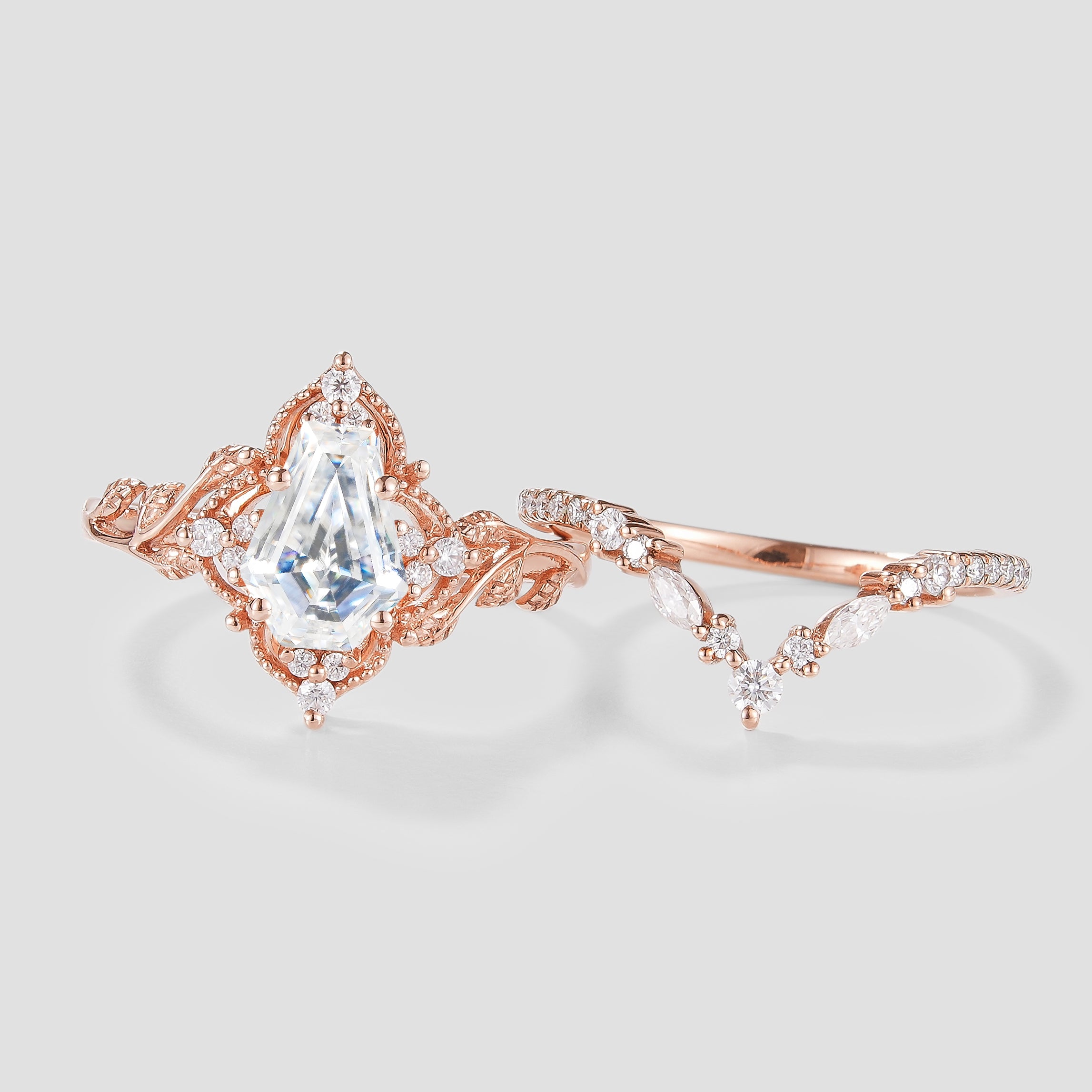 Unique Coffin Cut Moissanite Engagement Ring Leaf Bridal Set 2pcs In Rose Gold