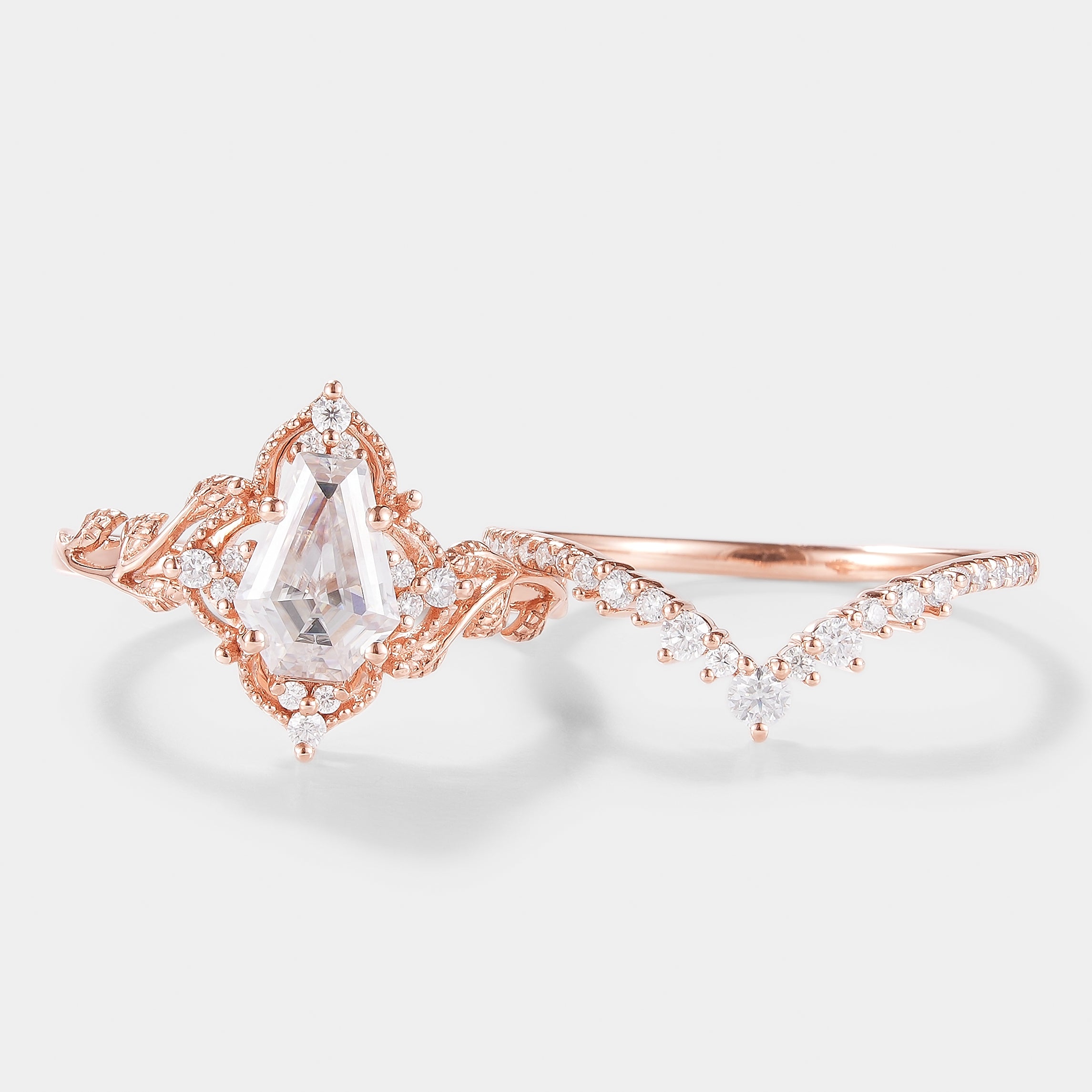 Coffin Cut Moissanite Leaf Engagement Ring Curved Wedding Band 2pcs In Rose Gold