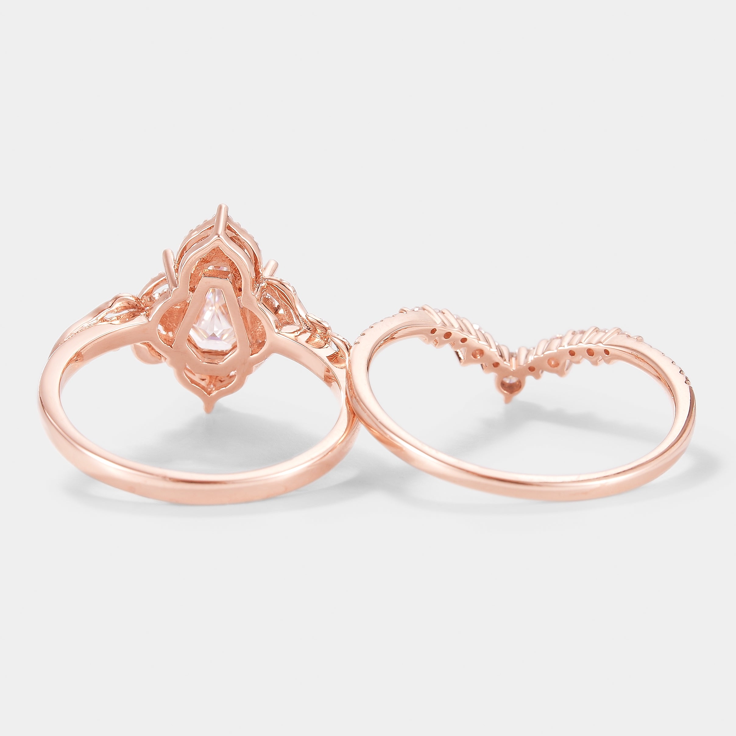 Coffin Cut Moissanite Leaf Engagement Ring Curved Wedding Band 2pcs In Rose Gold