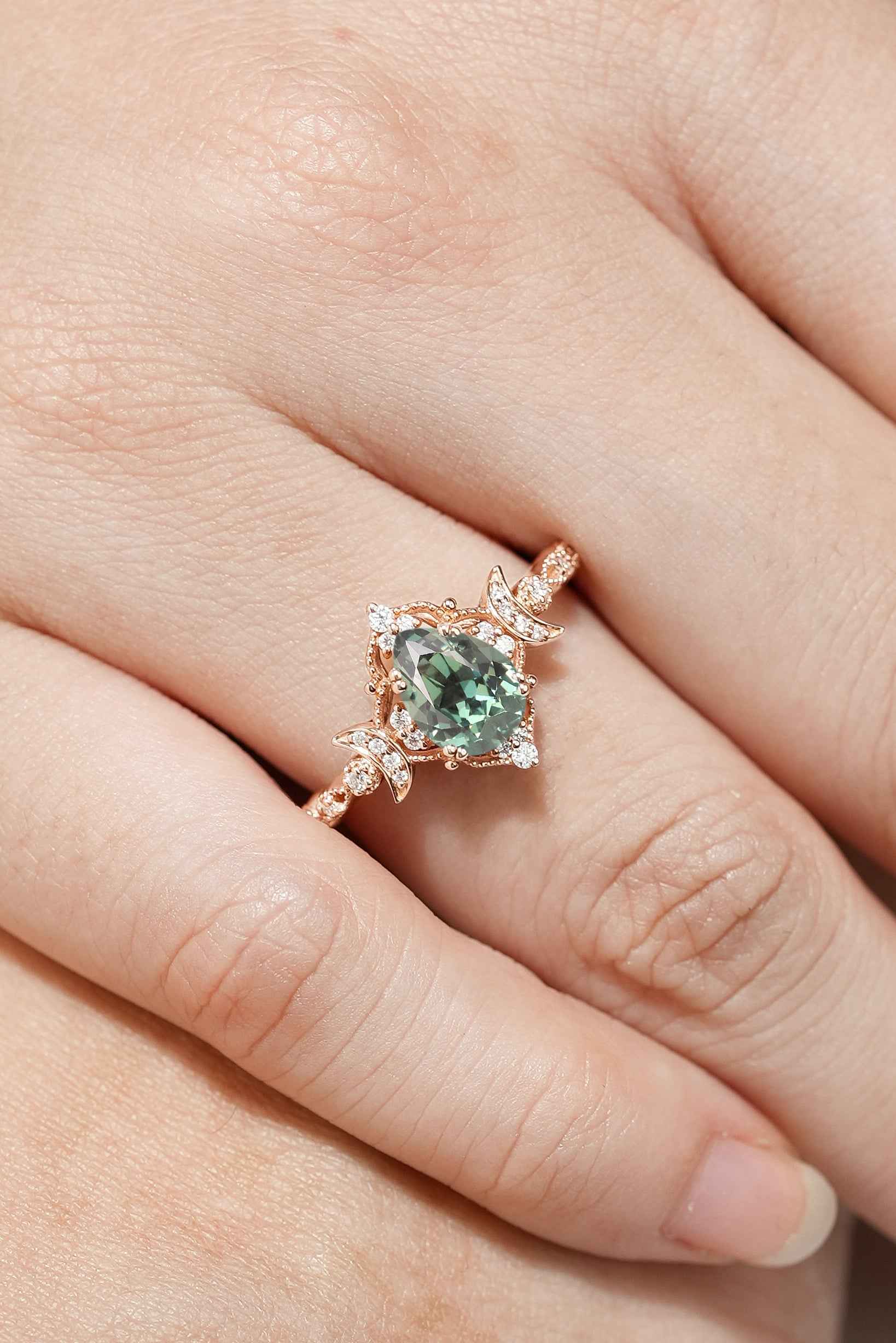 Unique Design Moon Inspired Pear Cut Lab Green Sapphire Engagement Ring
