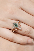 Unique Design Moon Ring Pear Cut Lab Green Sapphire Engagement Ring Sets 2pcs