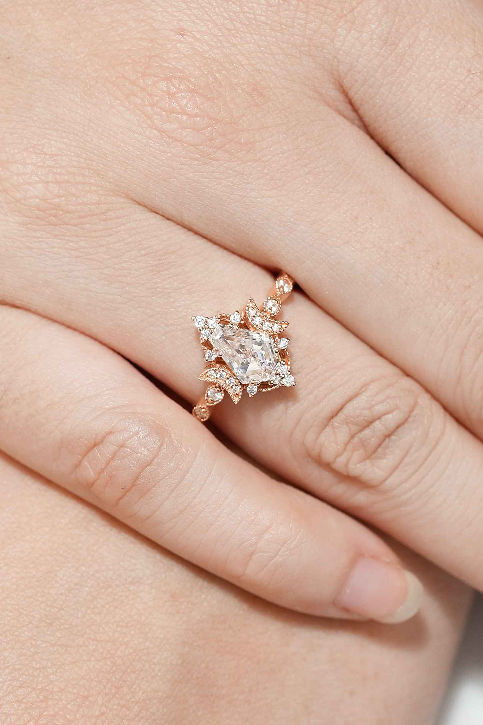 Coffin Cut Moissanite Engagement Ring Unique Moon Design Promise Wedding Ring