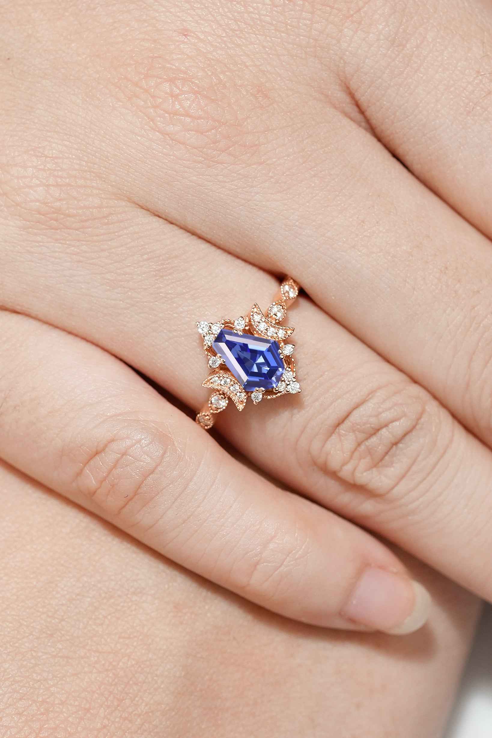 Unique Coffin Cut Lab Blue Sapphire Moon Inspired Engagement Ring