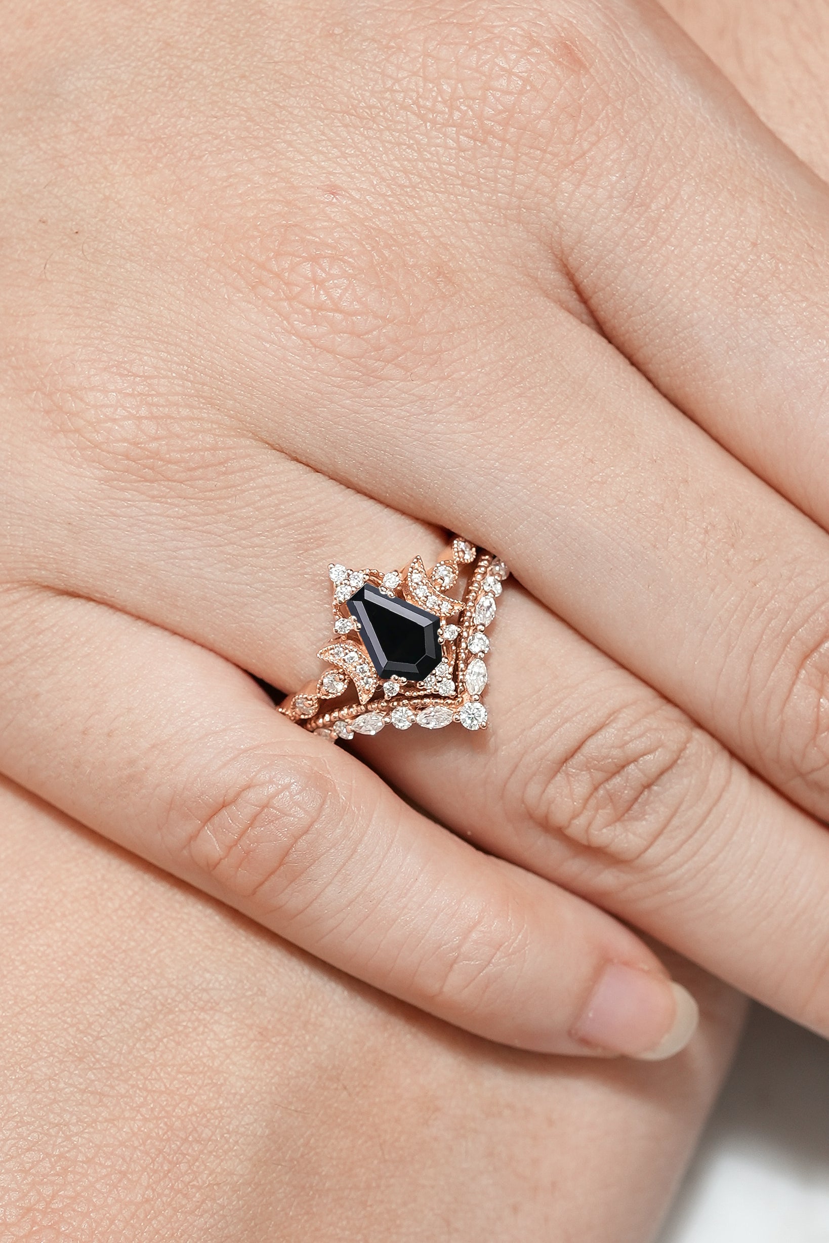 Unique Moon Design Coffin Cut Black Onyx Engagement Ring Set 2pcs In Finger