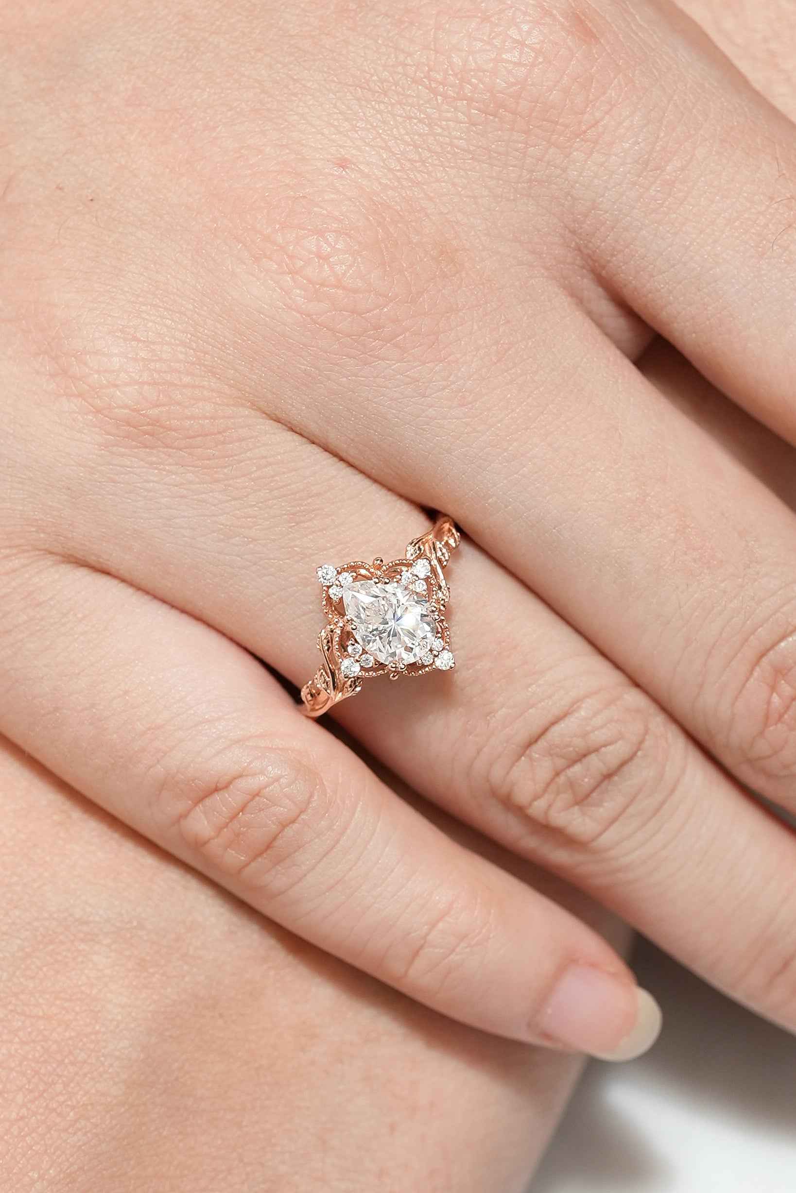 Nature Inspired Leaf Shaped Moissanite Wedding Ring