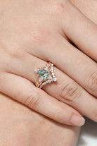 Nature Inspired Moss Agate Leaf Engagement Ring Set Chevron Wedding Band 2pcs
