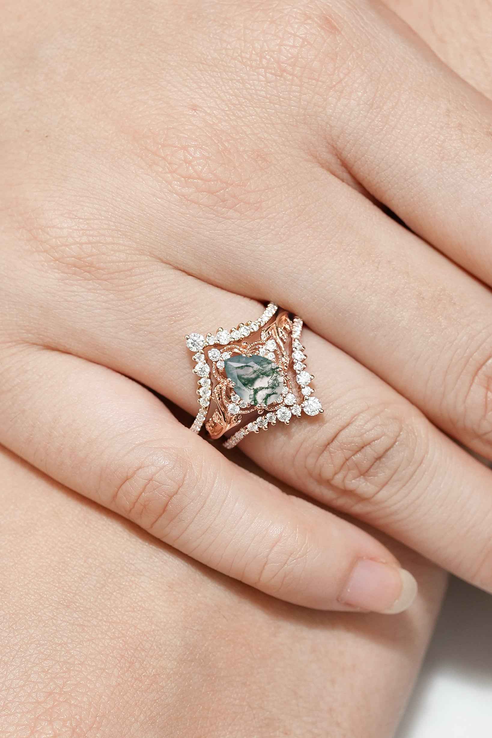 Nature Moss Agate Leaf Engagement Ring Set Chevron Wedding Bands 3pcs