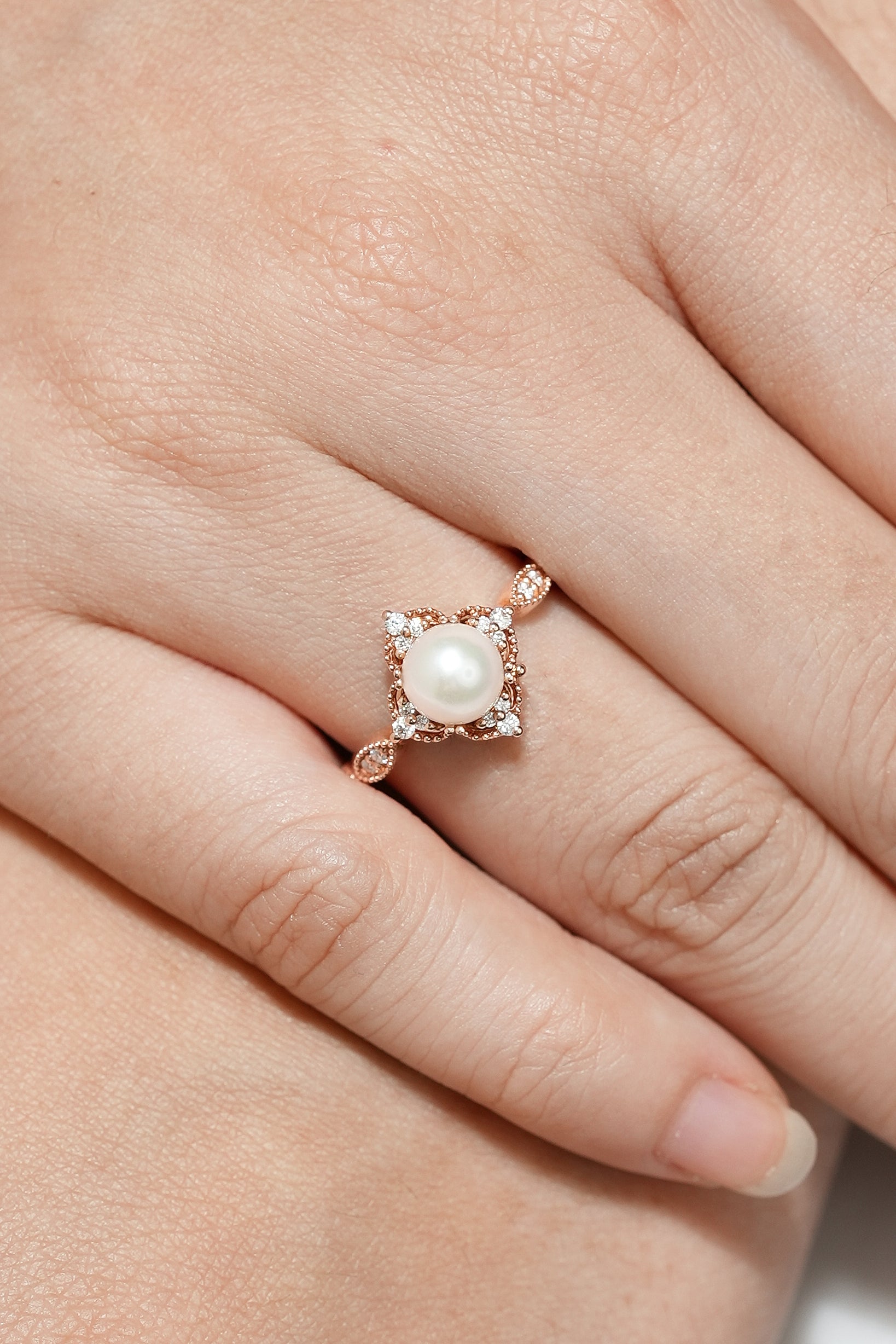 Vintage Akoya Pearl Engagement Ring Rose Gold Moissanite Cluster In Finger