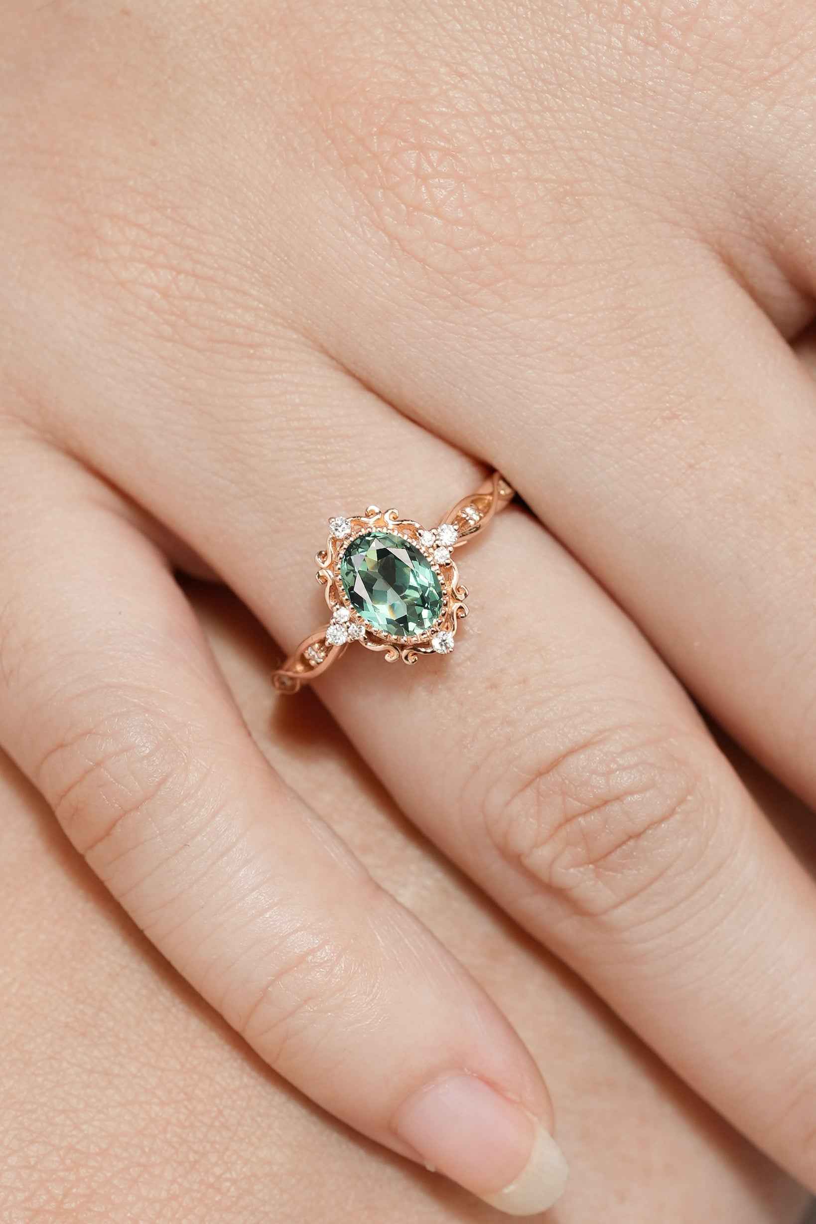 Signature Vintage Oval Cut Lab Green Sapphire Engagement Ring