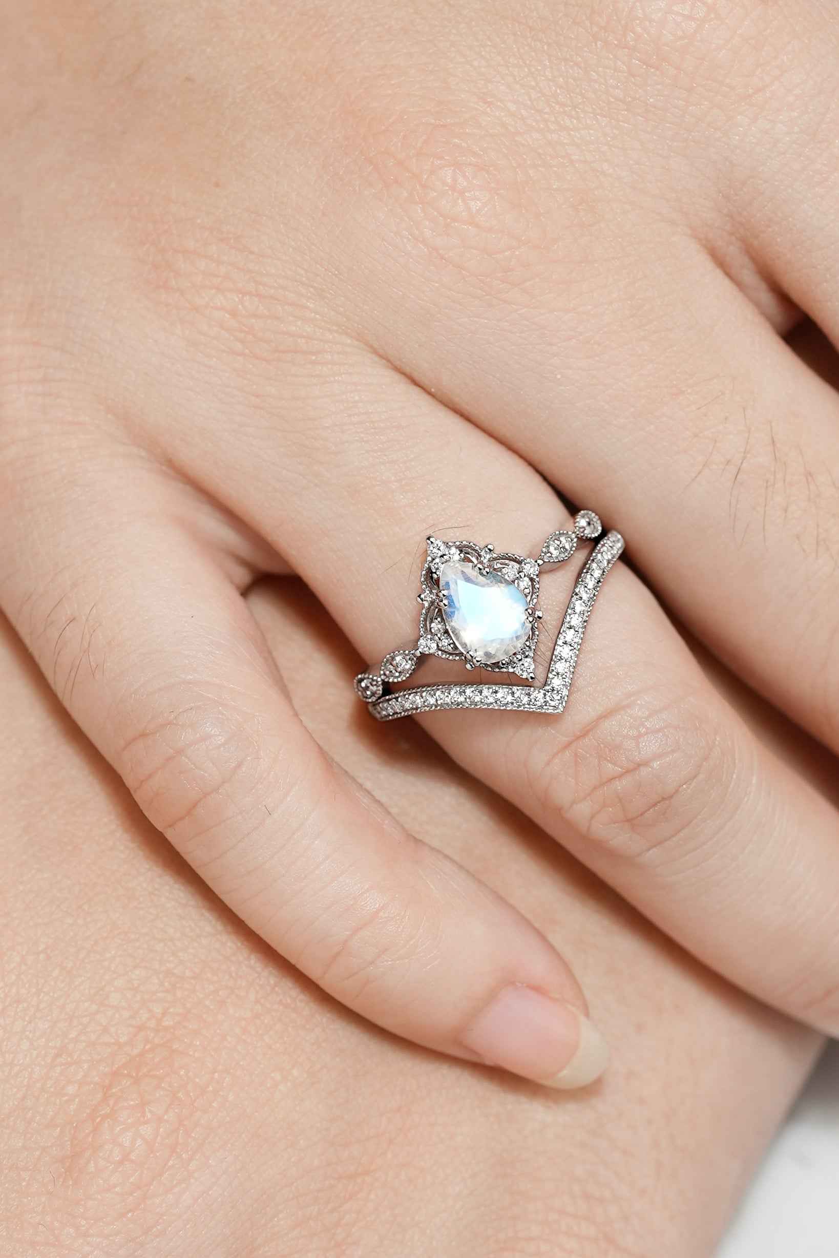 Pear Cut Moonstone Straight Moissanite Engagement Ring with V Shape Wedding Band