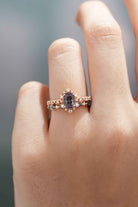 Dainty Oval Cut Alexandrite Engagement Ring Set Rose Gold Moissanite Wedding Band