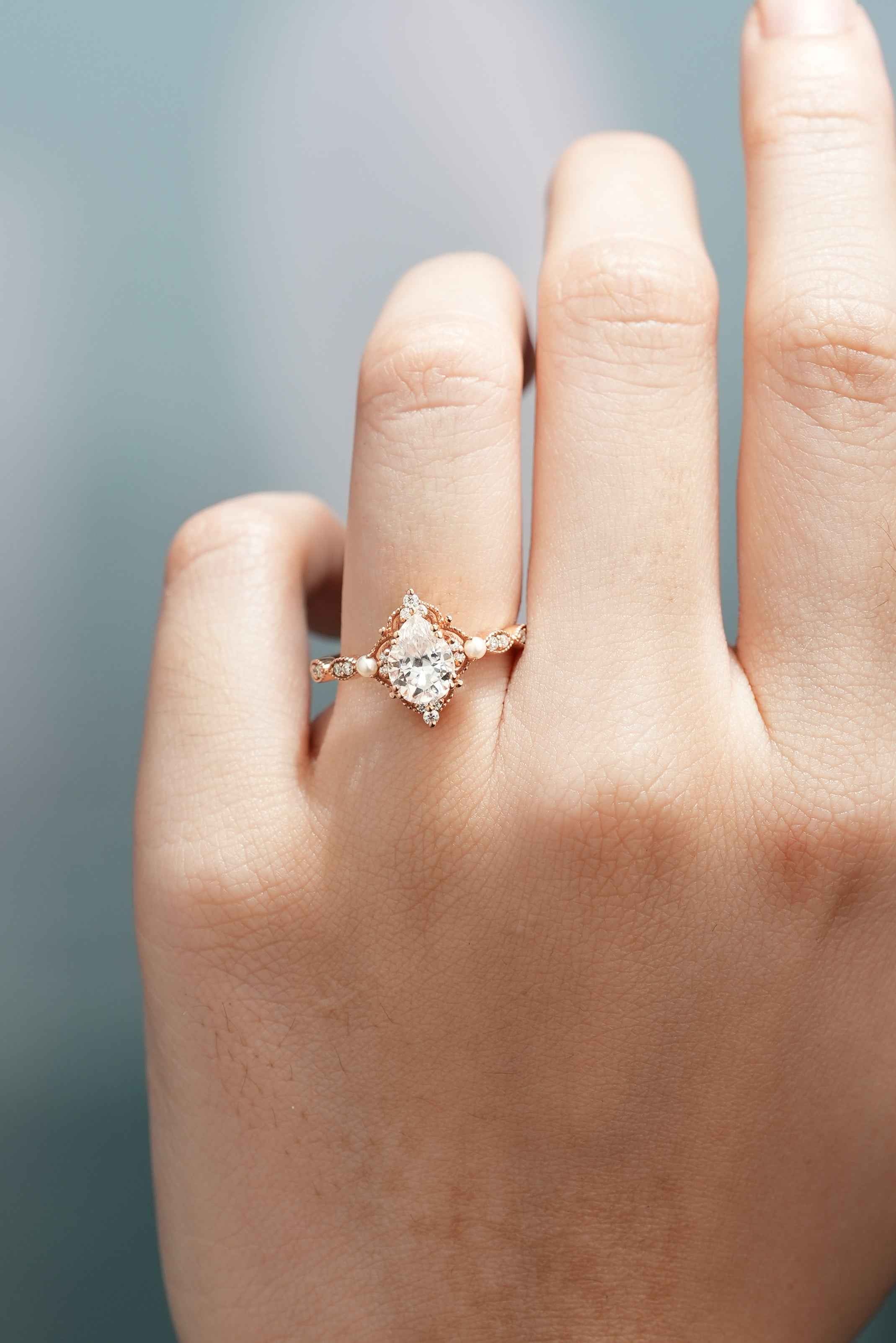 Vintage Pearl and Moissanite Cluster Wedding Band Anniversary Promise Ring