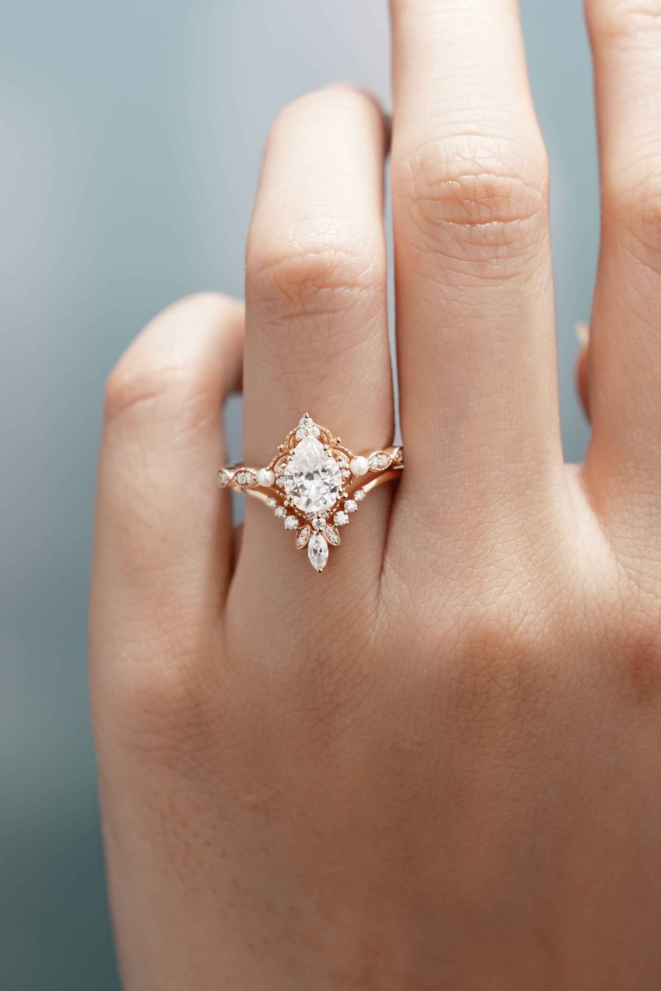 Vintage Pearl and Moissanite Engagement Ring Set Moissanite Cluster Wedding Band