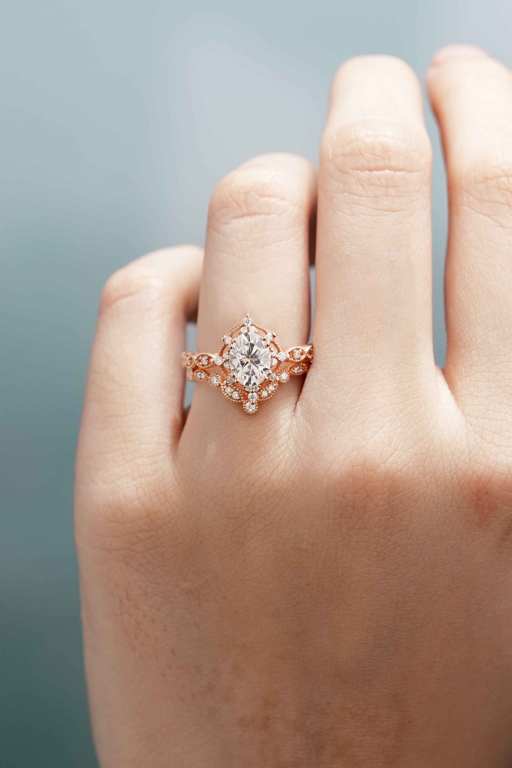 Oval Rose Gold Moissanite Crown Engagement Ring Promise Bridal Ring Set