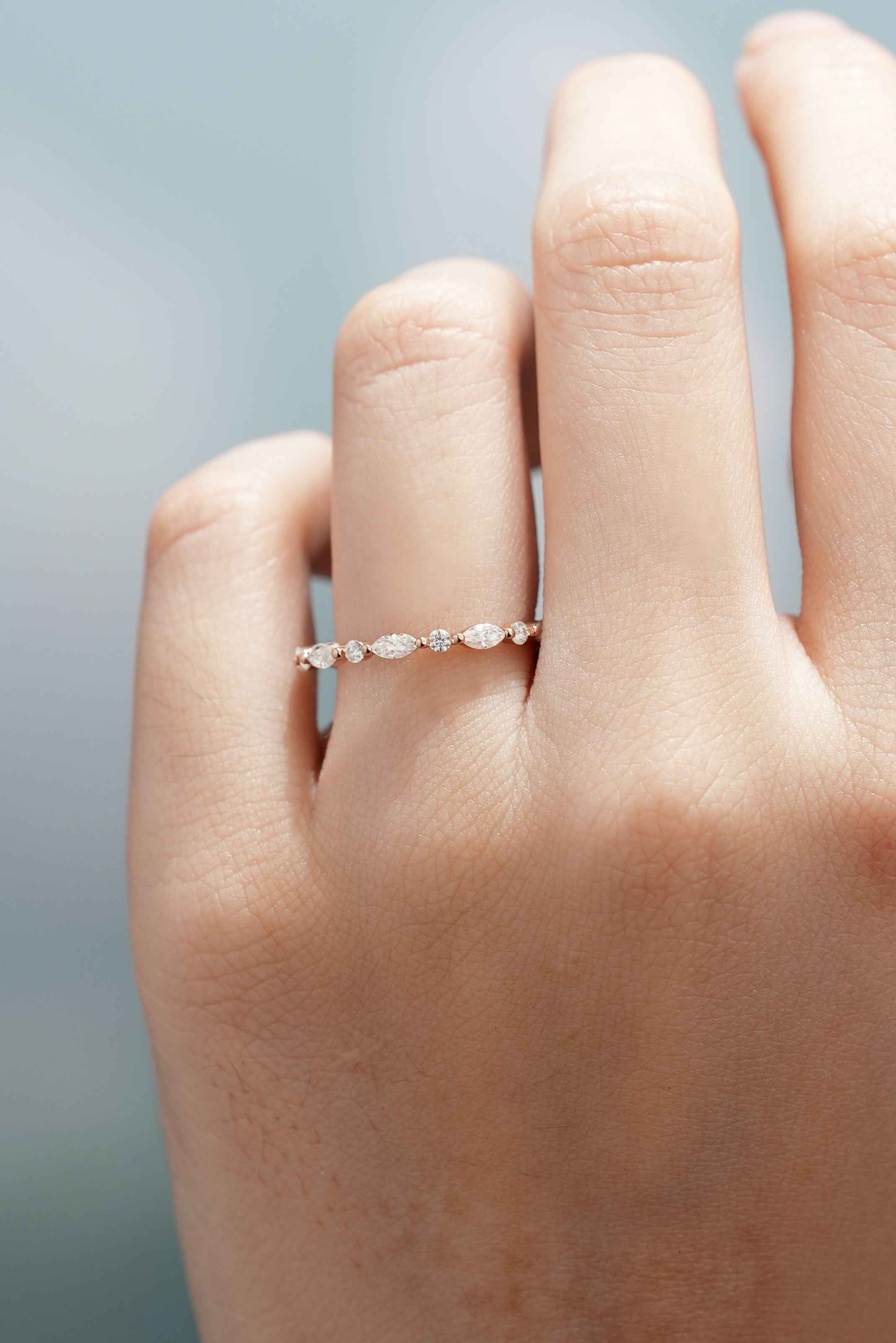 Minimalist Marquise Mossianite Wedding Band Rose Gold Promise Ring