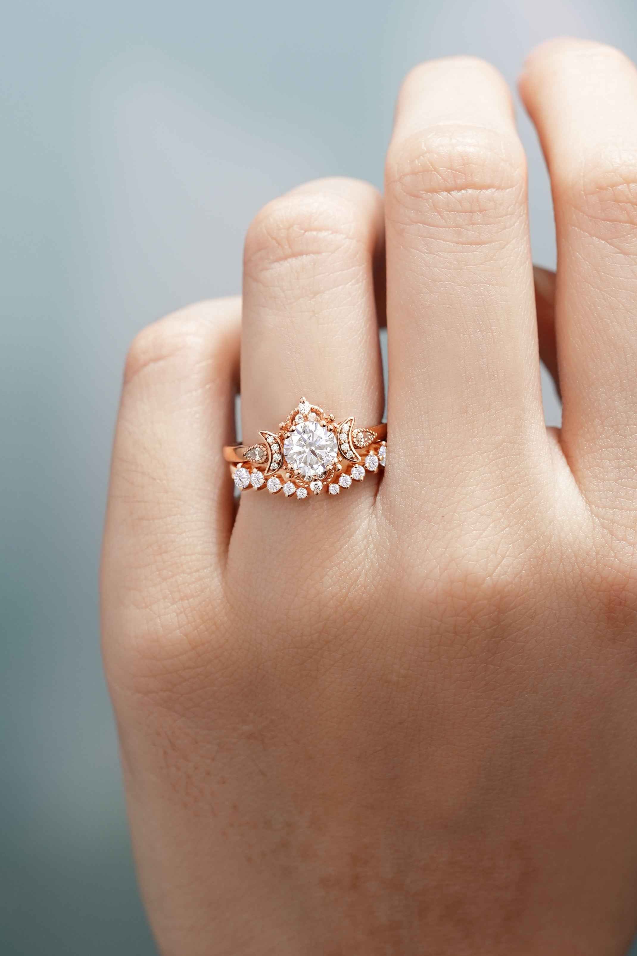 Unique Round Moissanite Engagement Ring Set With 2 Moons Open Wedding Band