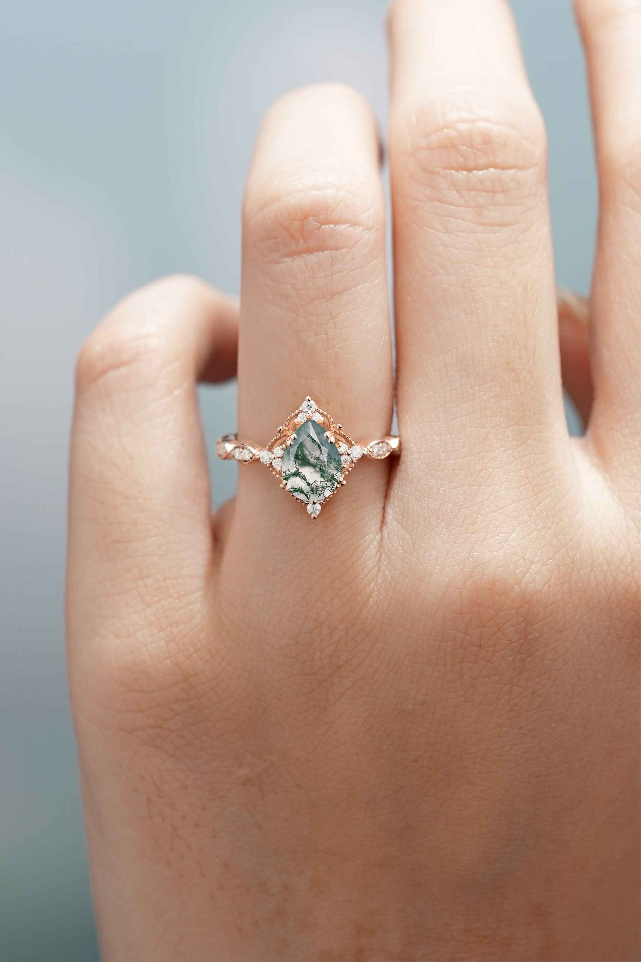 Signature Vintage Pear Cut Moss Agate Engagement Ring