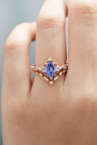 Oval Cut Lab Blue Sapphire Minimalist Engagement Ring 2pcs