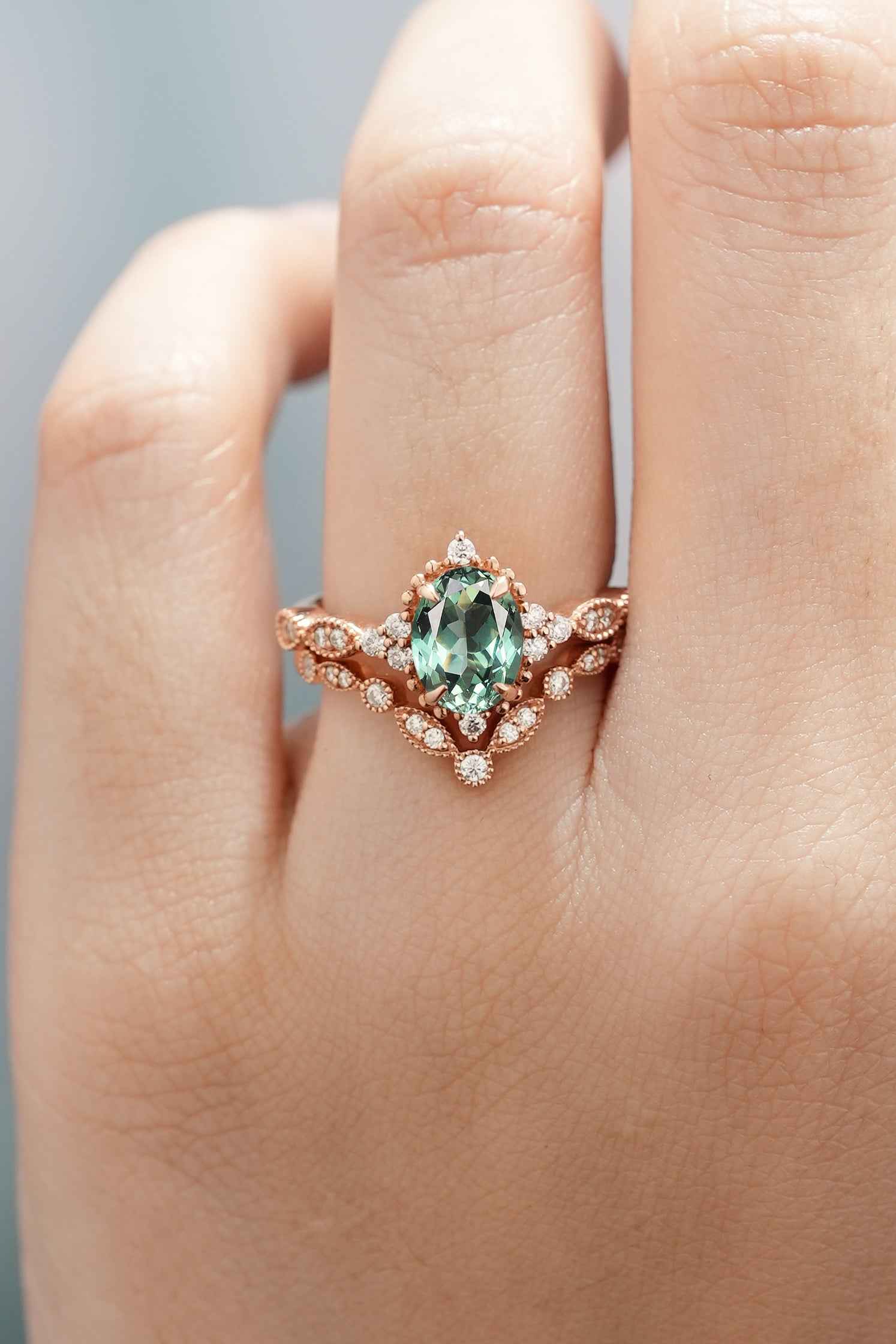 Oval Cut Lab Green Sapphire Engagement Ring Set V Shaped Wedding Band 2pcs