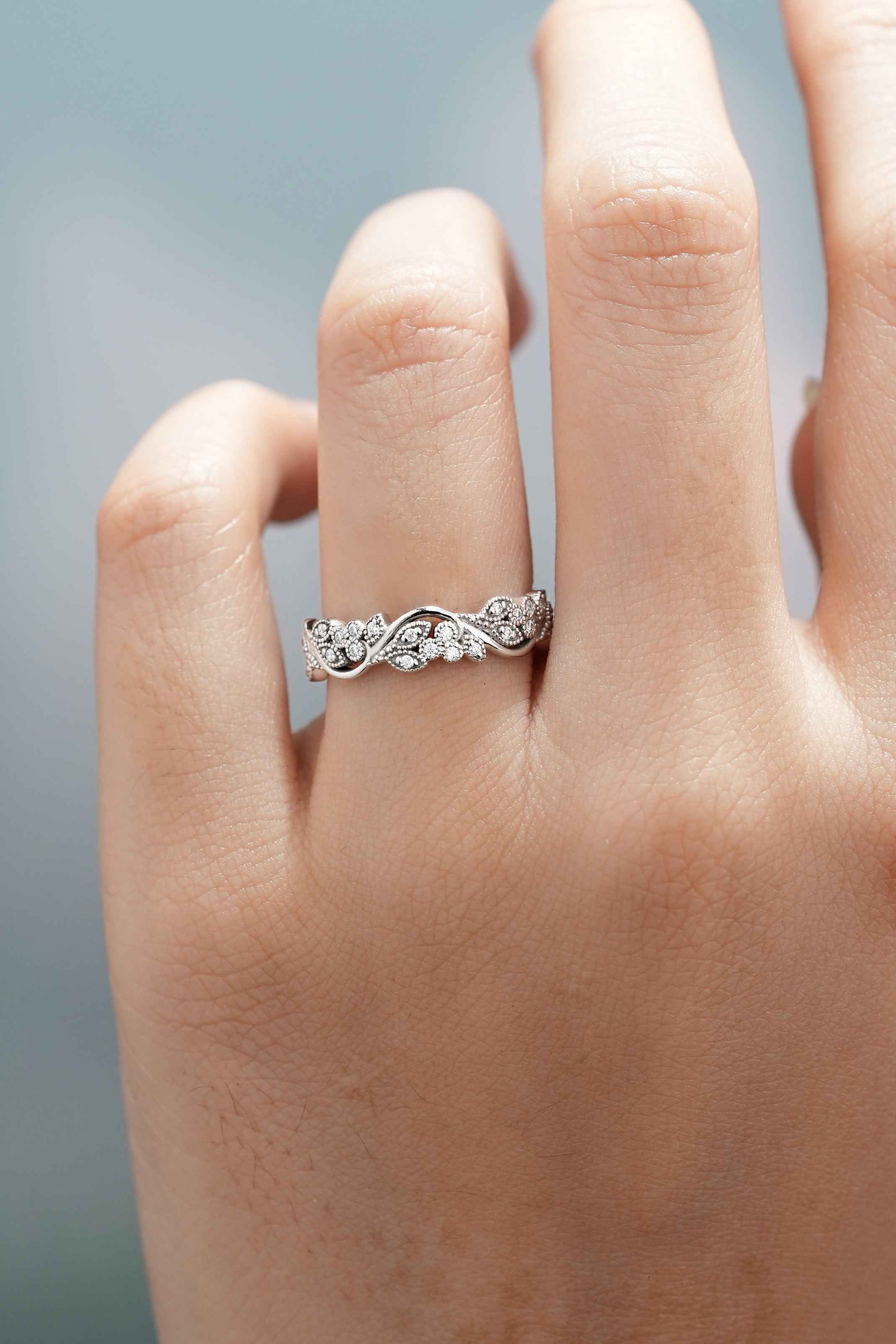 Art Deco Moissanite Leaf Floral Ring Leaf Vine Wedding Ring