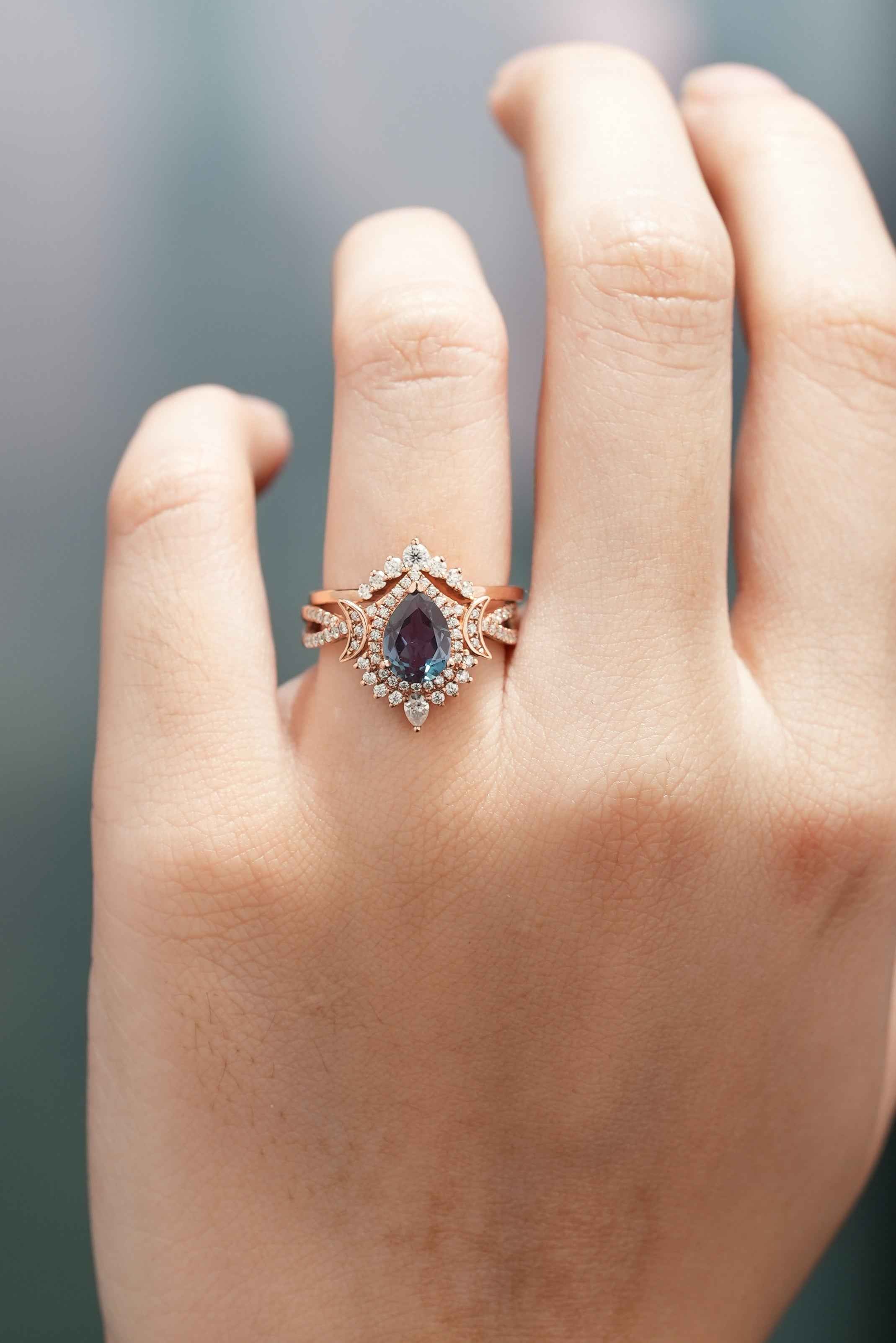 Unique Pear Shaped Alexandrite Engagement Ring Set Moissanite Cluster Wedding Band