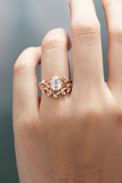 Nature Inspired Leaf Oval Moissanite Engagement Ring Set Moon Shaped Wedding Band