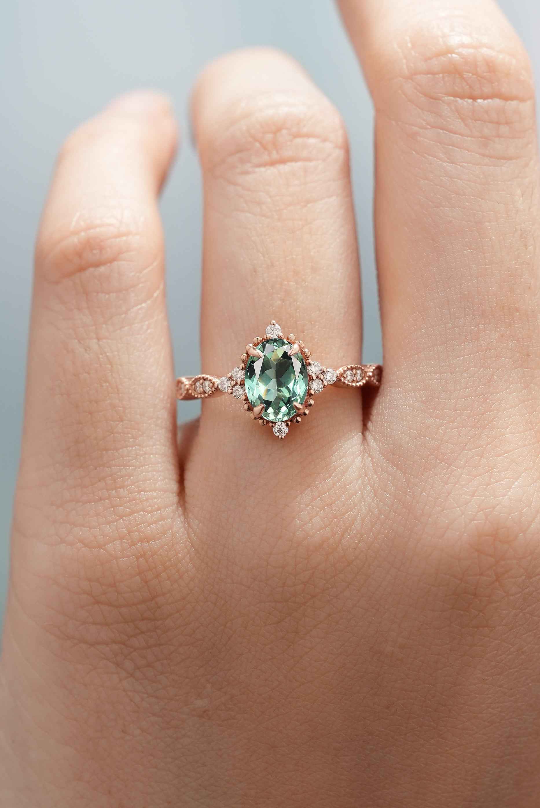 Vintage Oval Cut Lab Green Sapphire Promise Ring