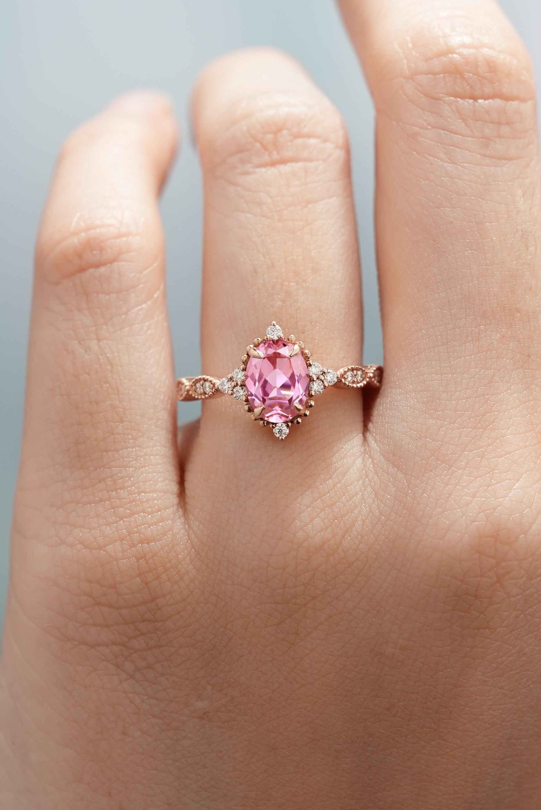 Affordable Oval Cut Lab Pink Sapphire Rose Gold Engagement Ring