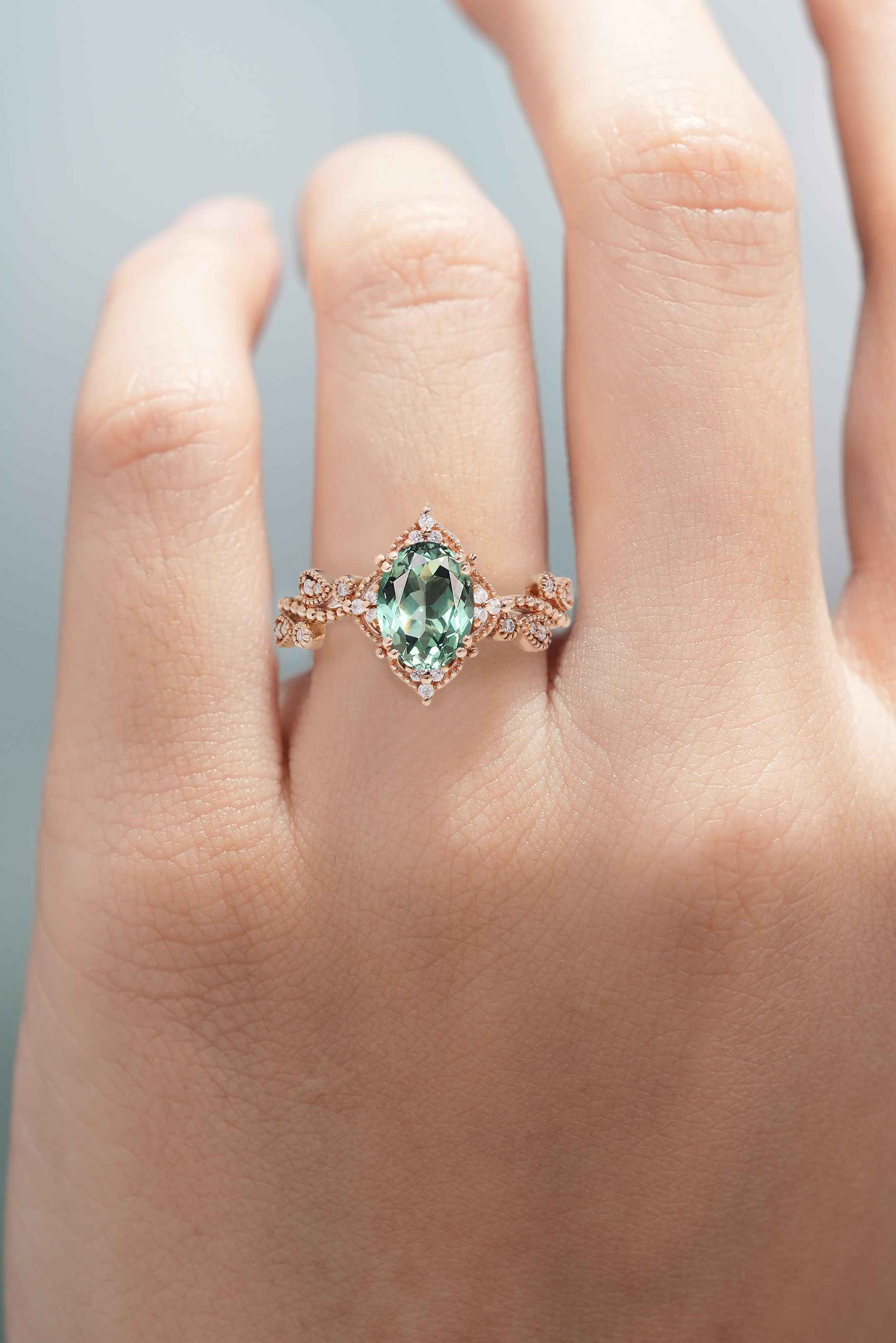 Unique Oval Cut Lab Green Sapphire Engagement Ring