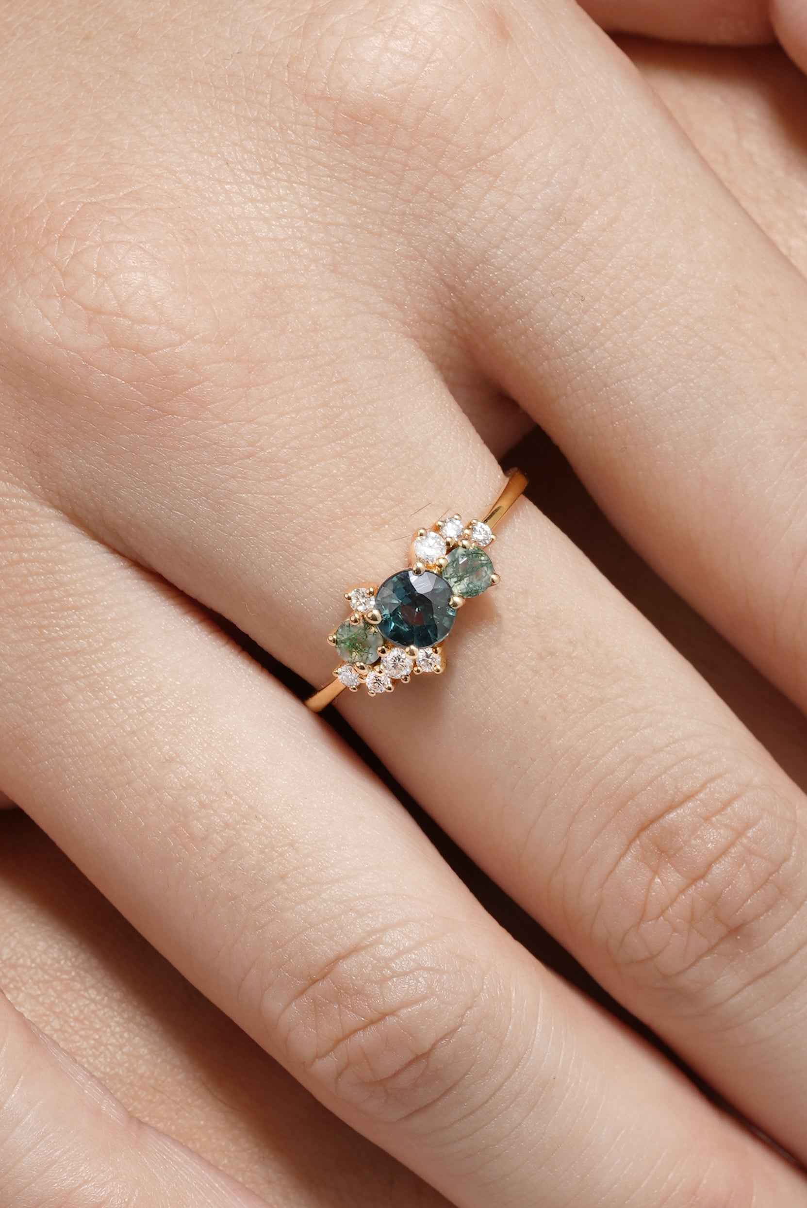 Art Deco Teal Sapphire Engagement Ring With Moss Agate And Moissainte