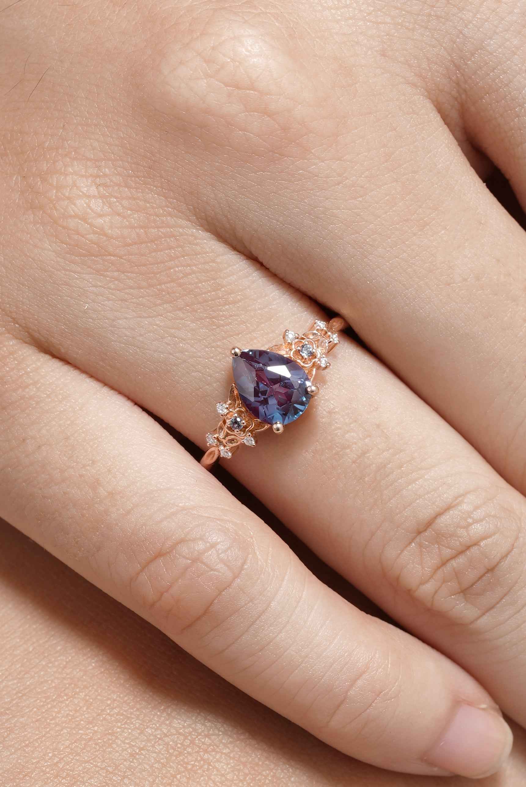 Natural Inspired Ring Floral Alexandrite Engagement Ring Pear Cut Ring