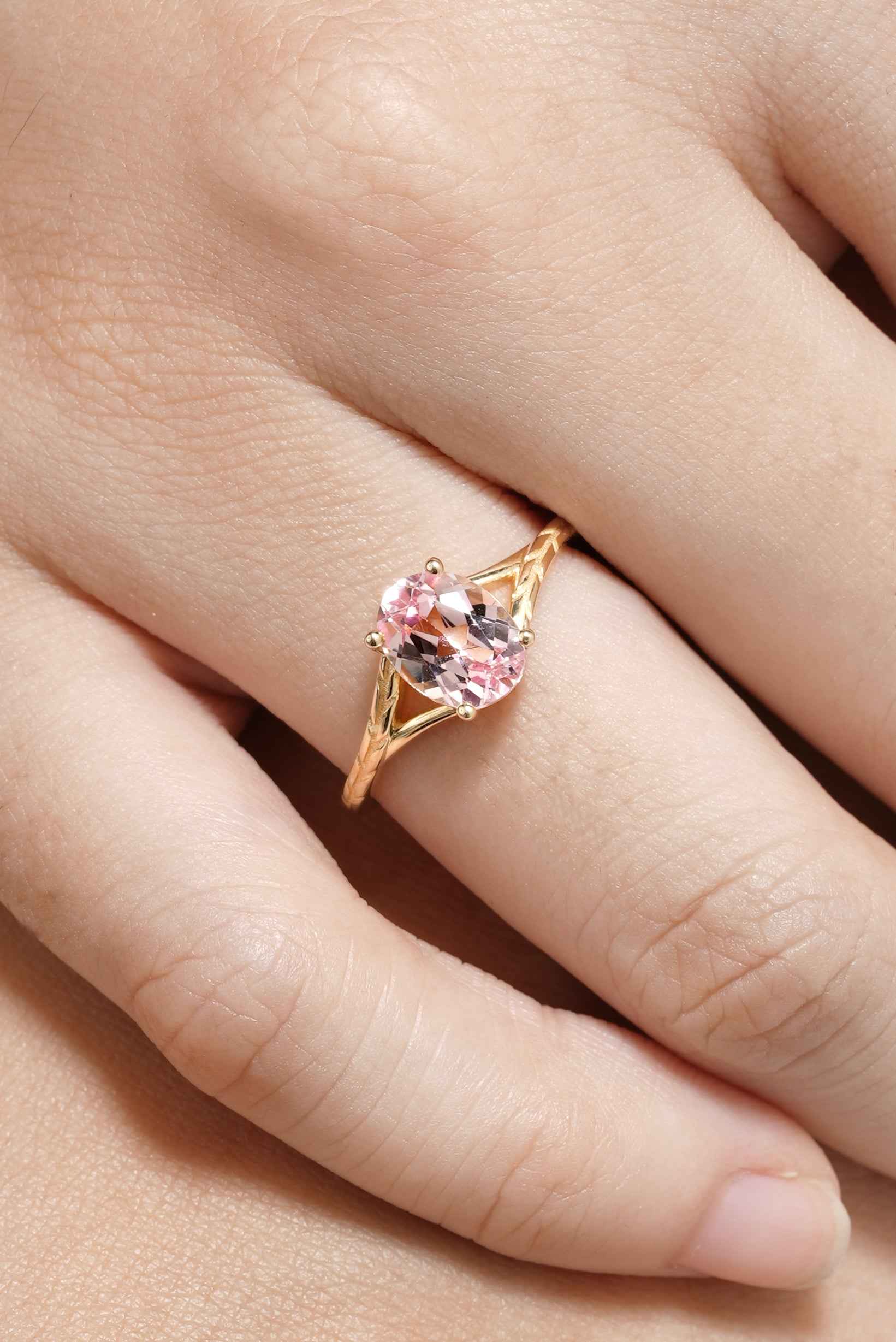 Minimalist Oval Cut Pink Sapphire Engagement Ring In Yellow Gold