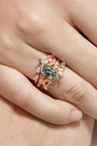 Green Sapphire Engagement Ring Moss Agate Enhancer Leaf Branch Double Wedding Band