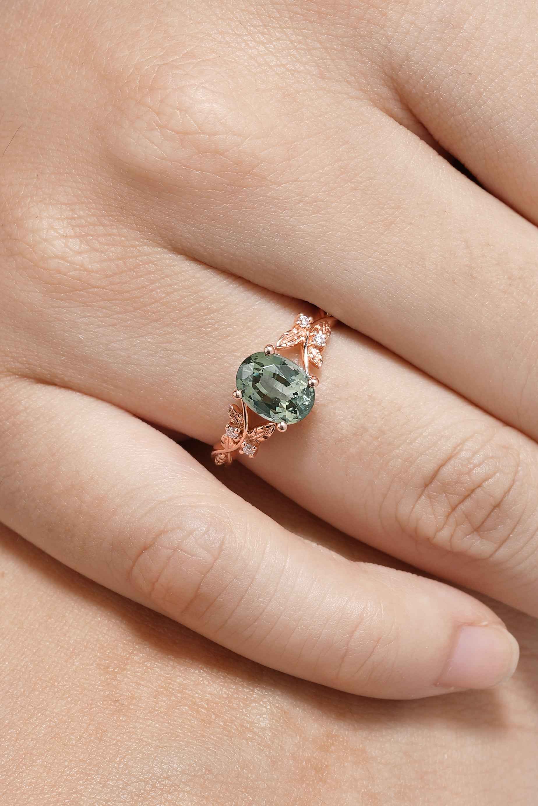 Unique Oval Cut Green Sapphire Engagement Ring In Rose Gold