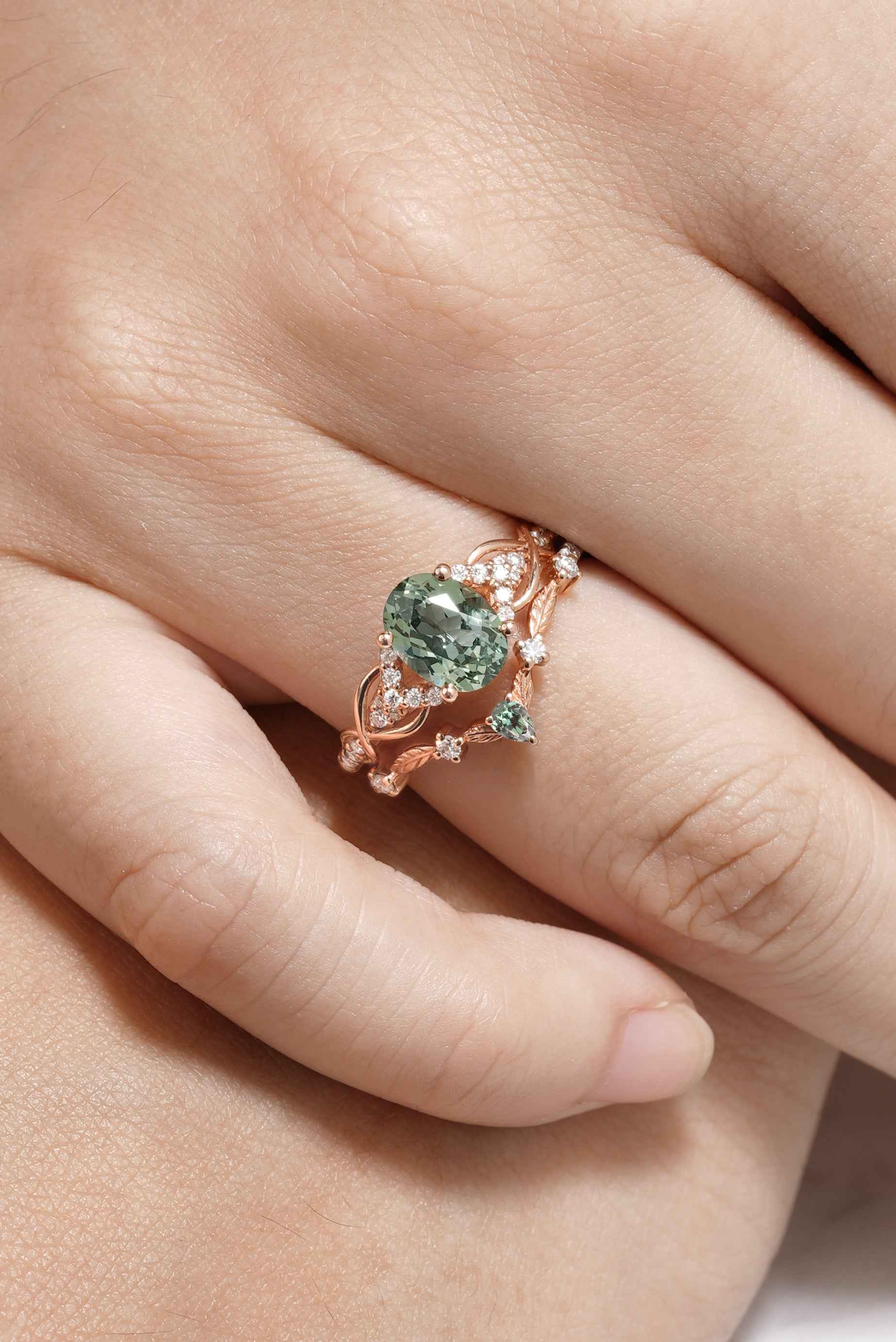 Unique Oval Cut Green Sapphire Engagement Ring Set Leafy Wedding Band