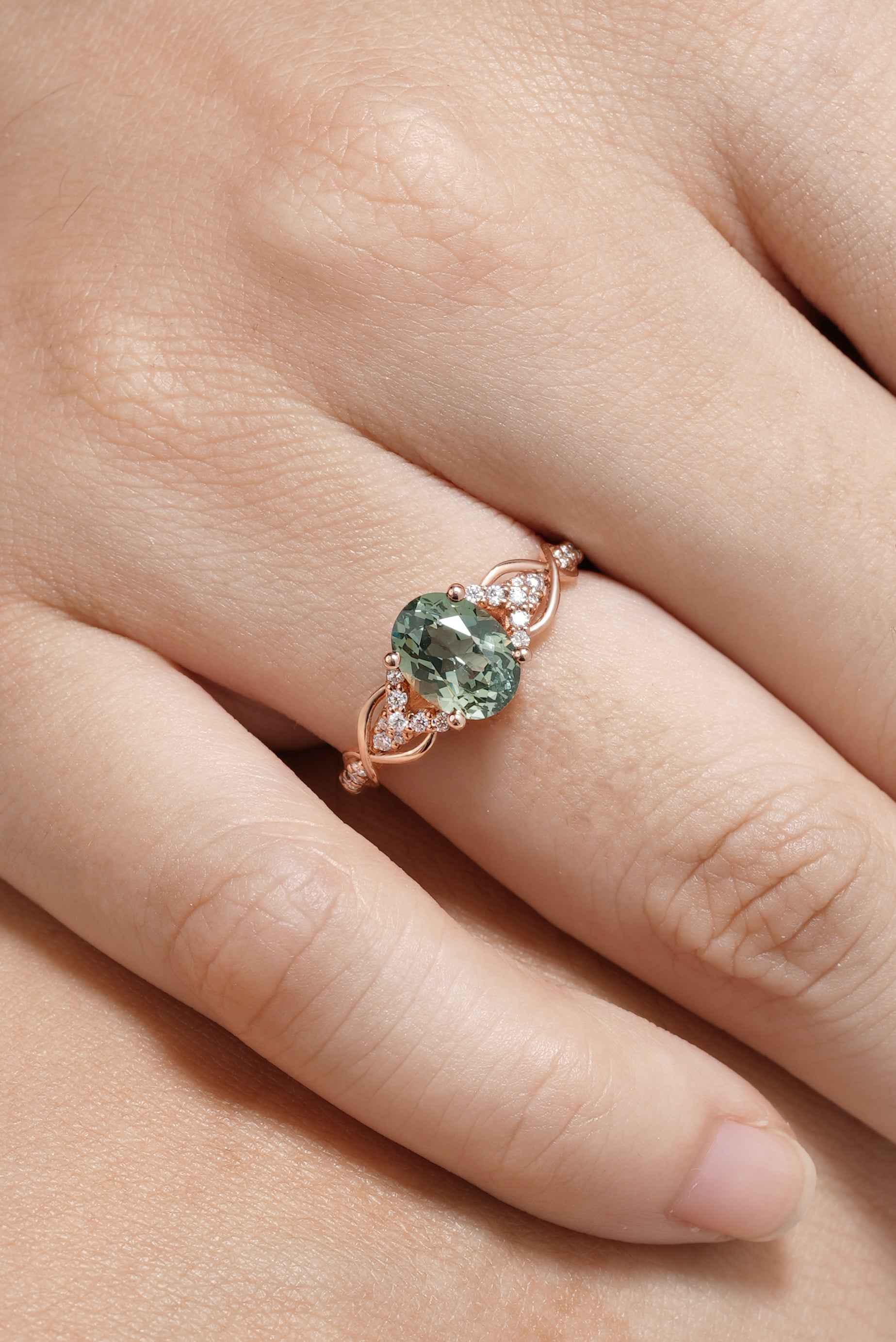 Nature Inspired Oval Cut Green Sapphire Engagement Ring