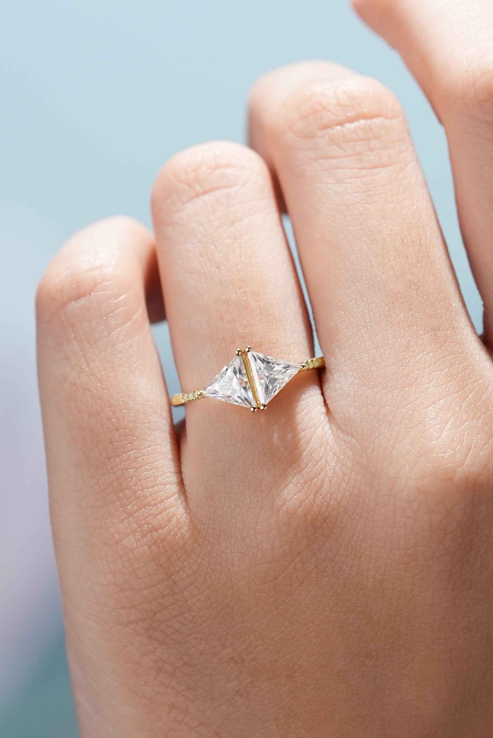 Unique Design Two Triangles Moissanite Engagement Ring Yellow Gold