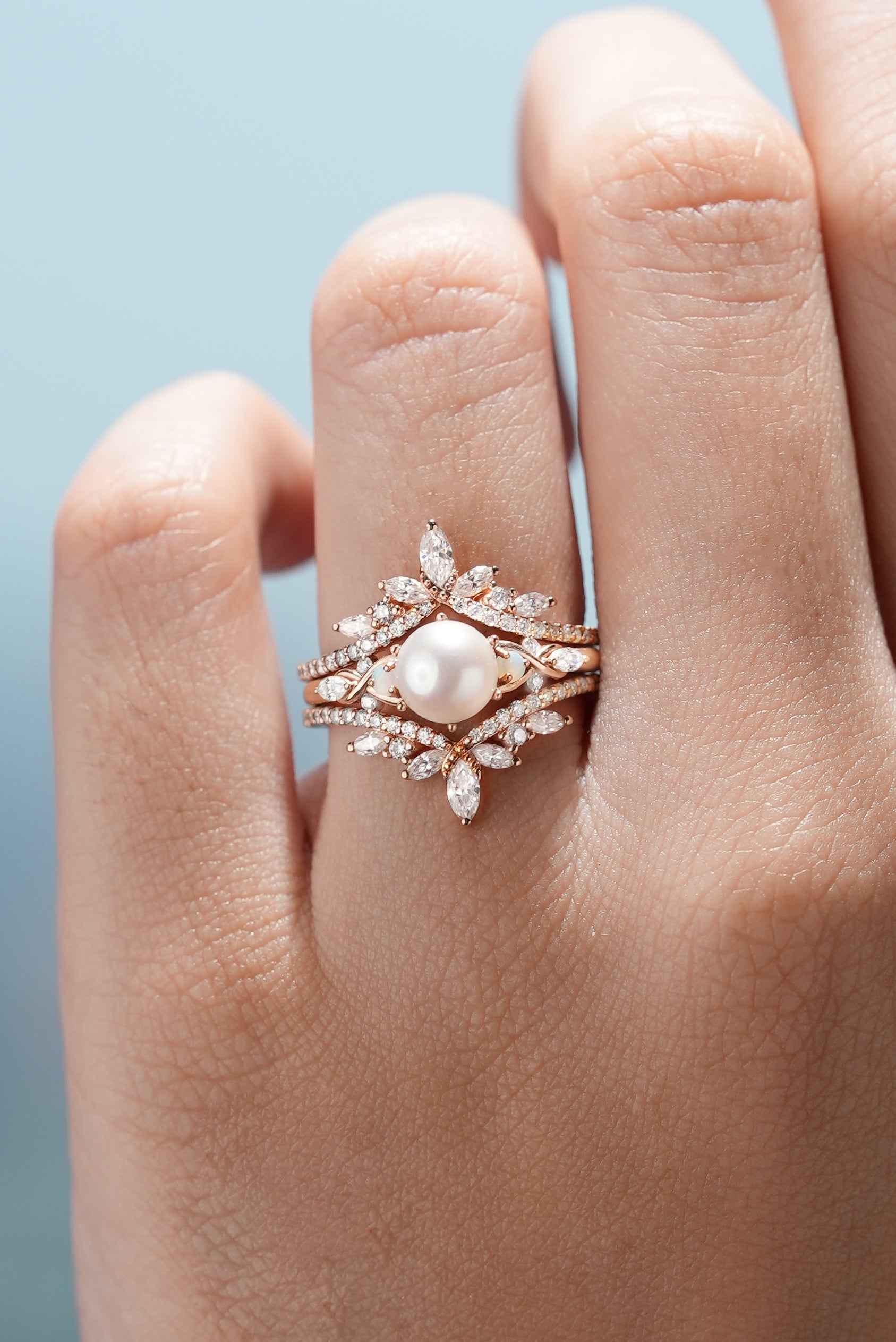 Unique Pearl Bridal Set Moissanite Marquise Enhancer Wedding Band 2Pcs