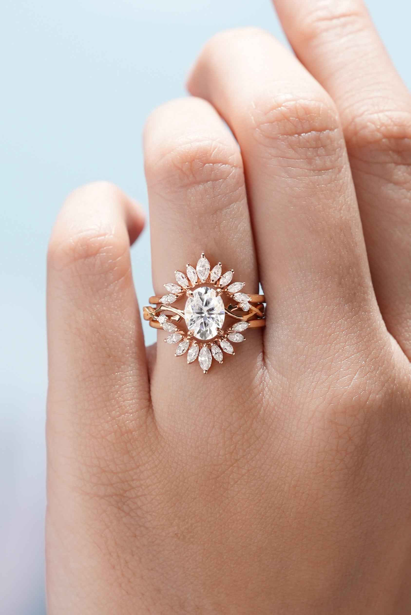 Unique Oval Moissanite Engagement Ring Set Marquise Enhancer Wedding Band