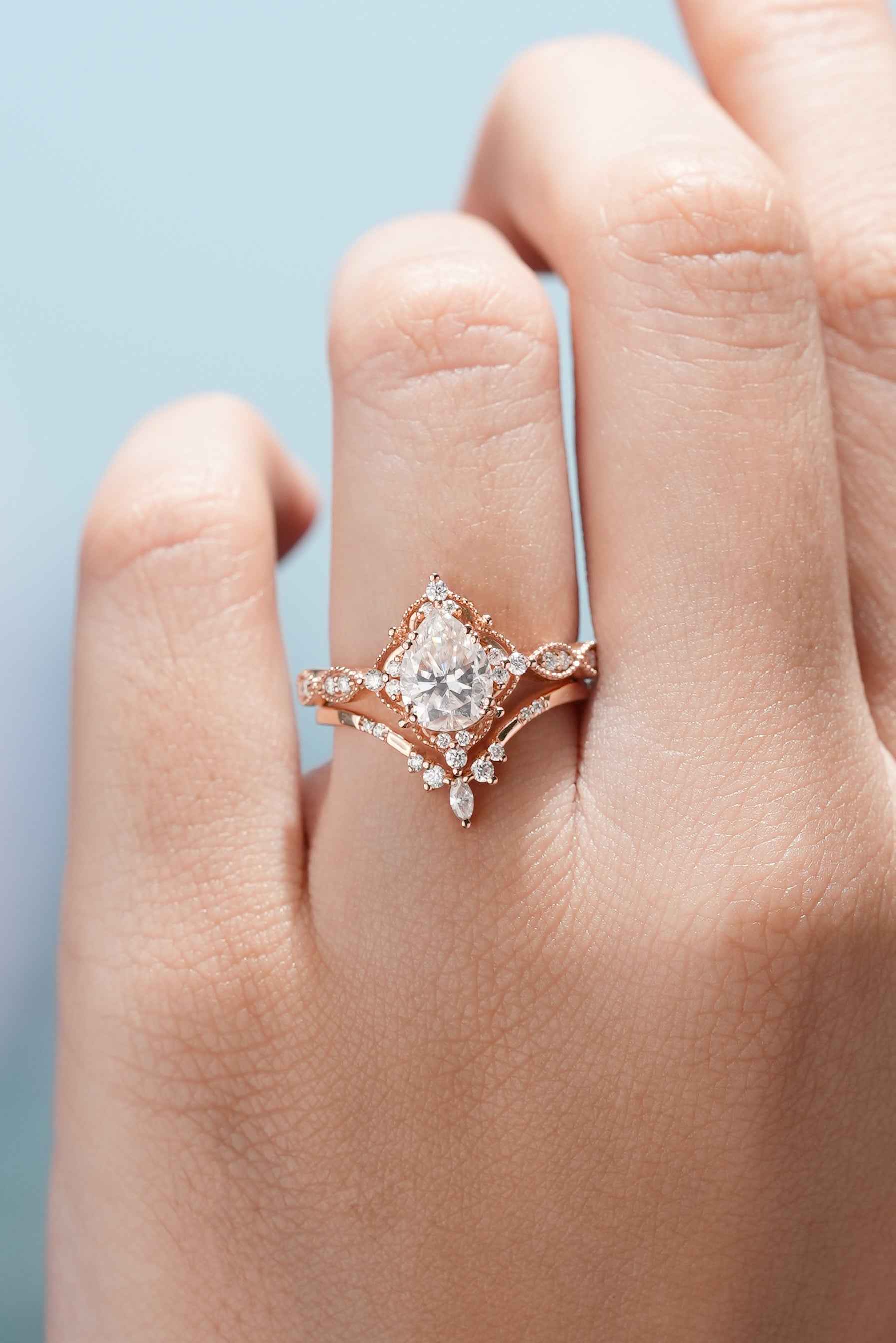 Vintage Pear Cut Moissanite Engagement Ring Set Chevron Stack Wedding Band