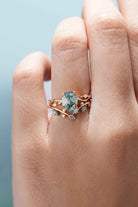 Nature Inspired Moss Agate Engagement Ring Set Vine Wedding Band 2pcs