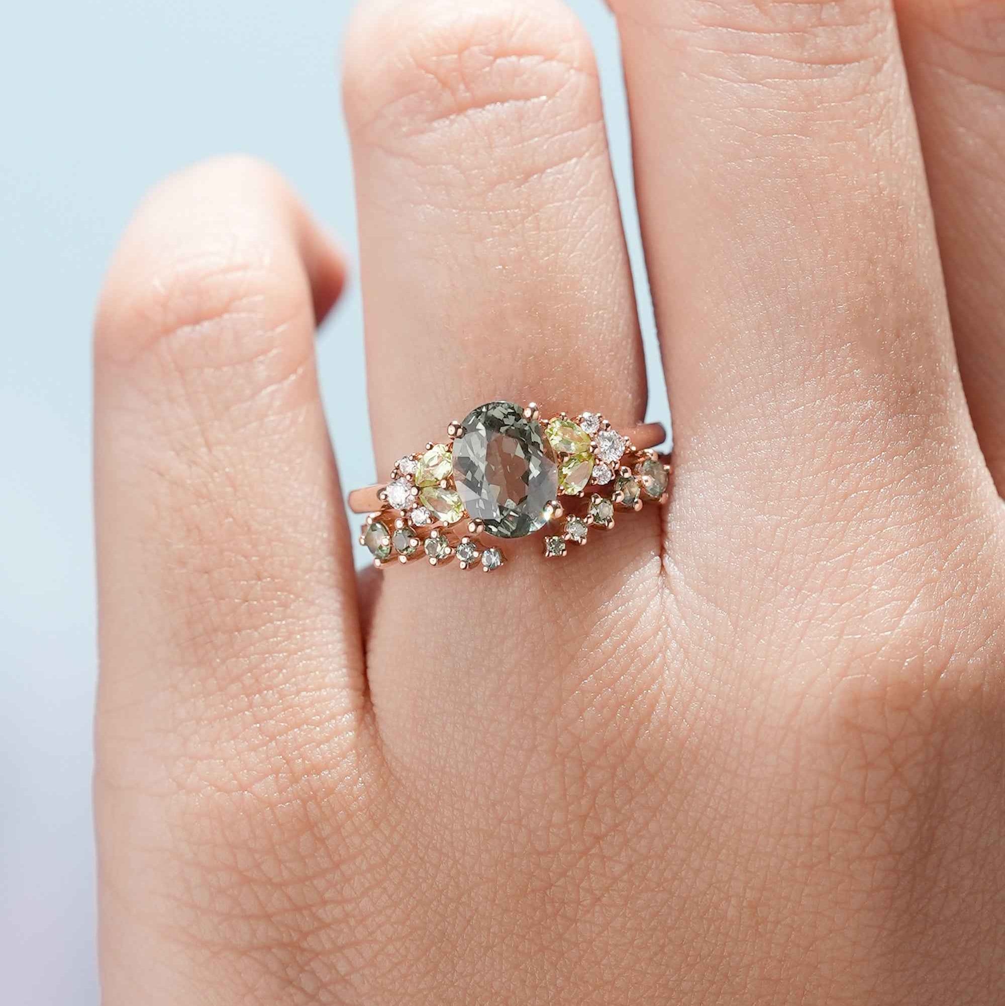 Vintage Oval Olive Green Sapphire Engagement Ring 2pcs