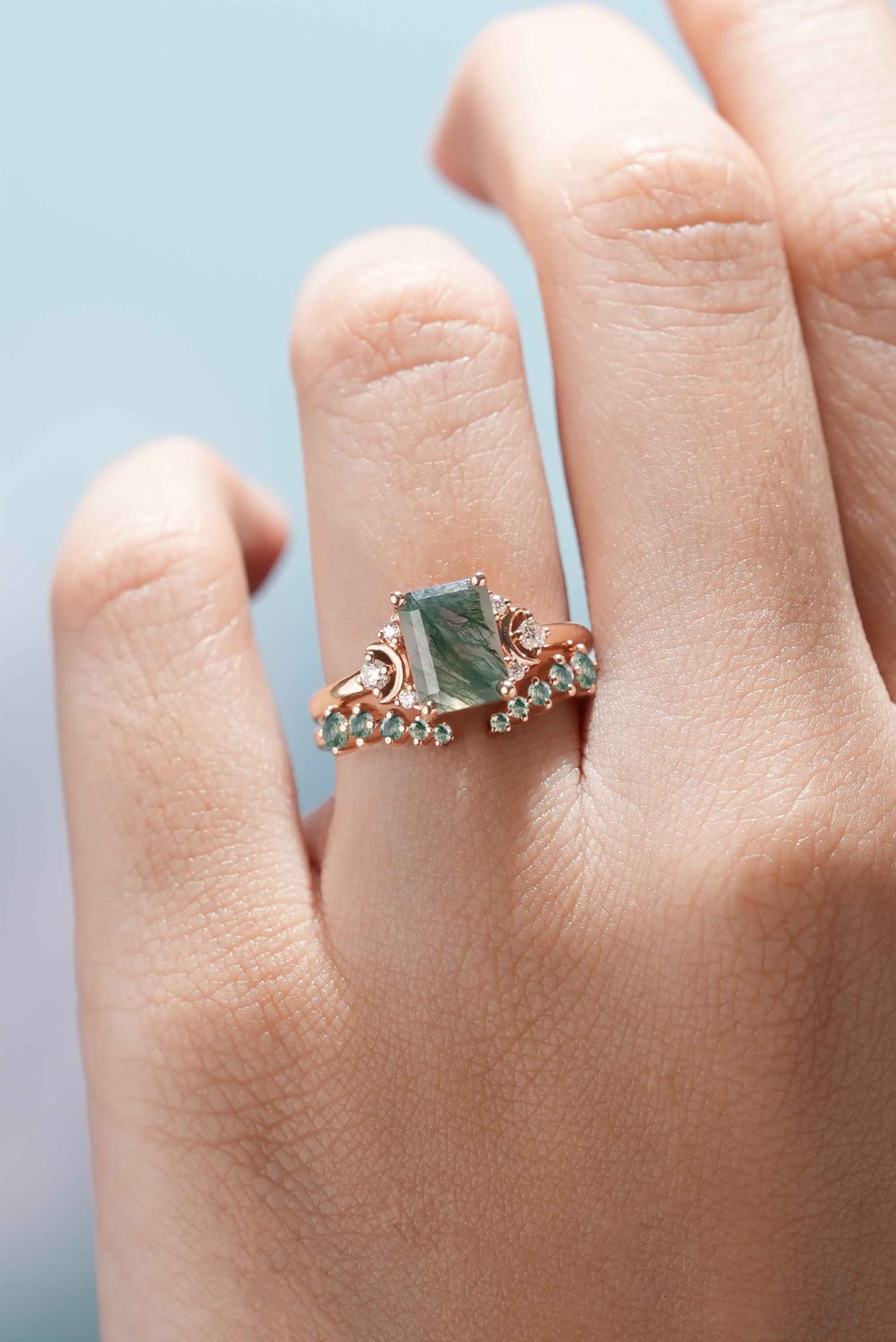 Nautre Inspired Emerald Cut Moss Agate Engagement Ring Set 2pcs