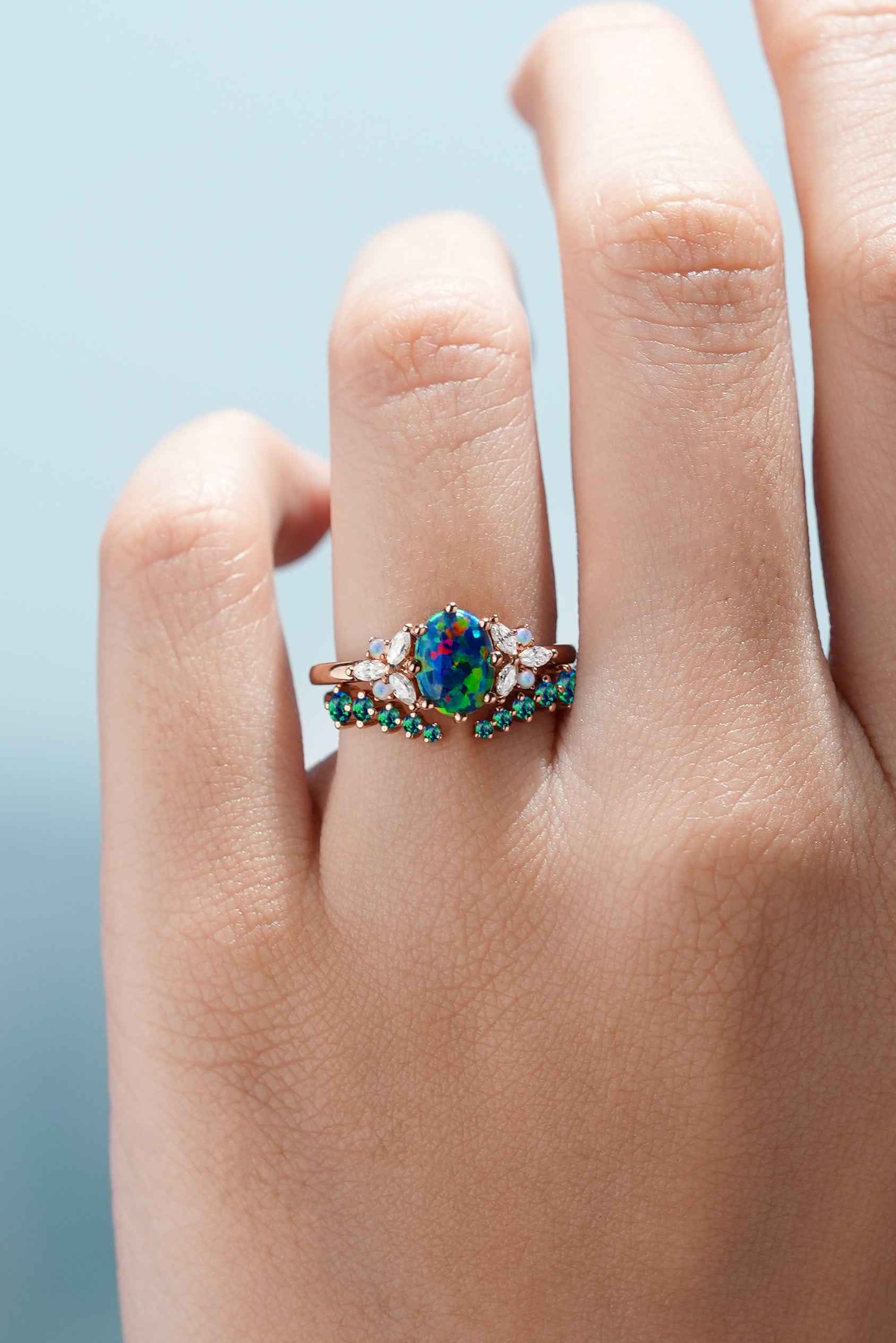 Nautre Inspired Black Opal Stacking Engagement Ring Set 2pcs