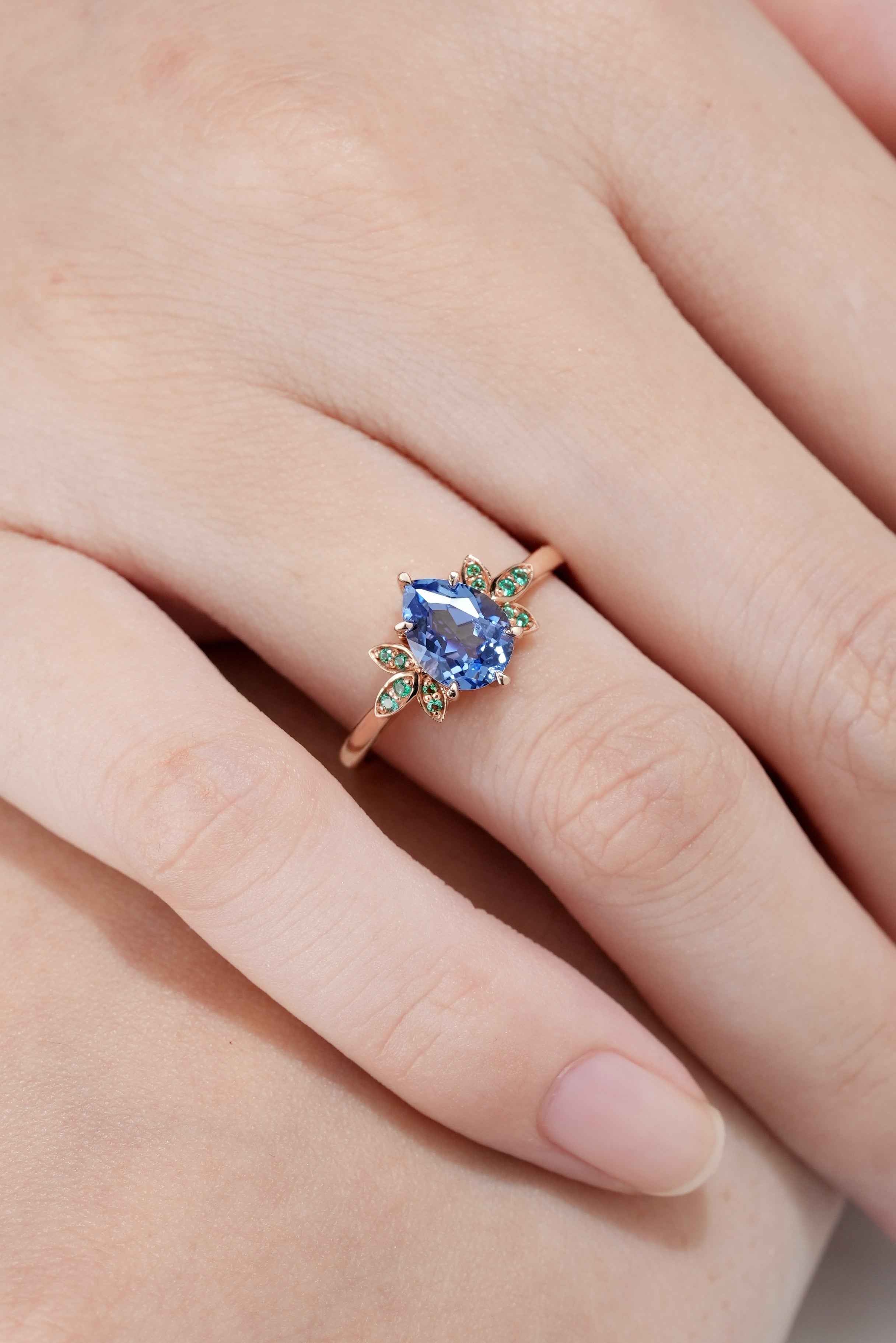 Unique Teardrop Sapphire Engagement Ring Emerald Cluster